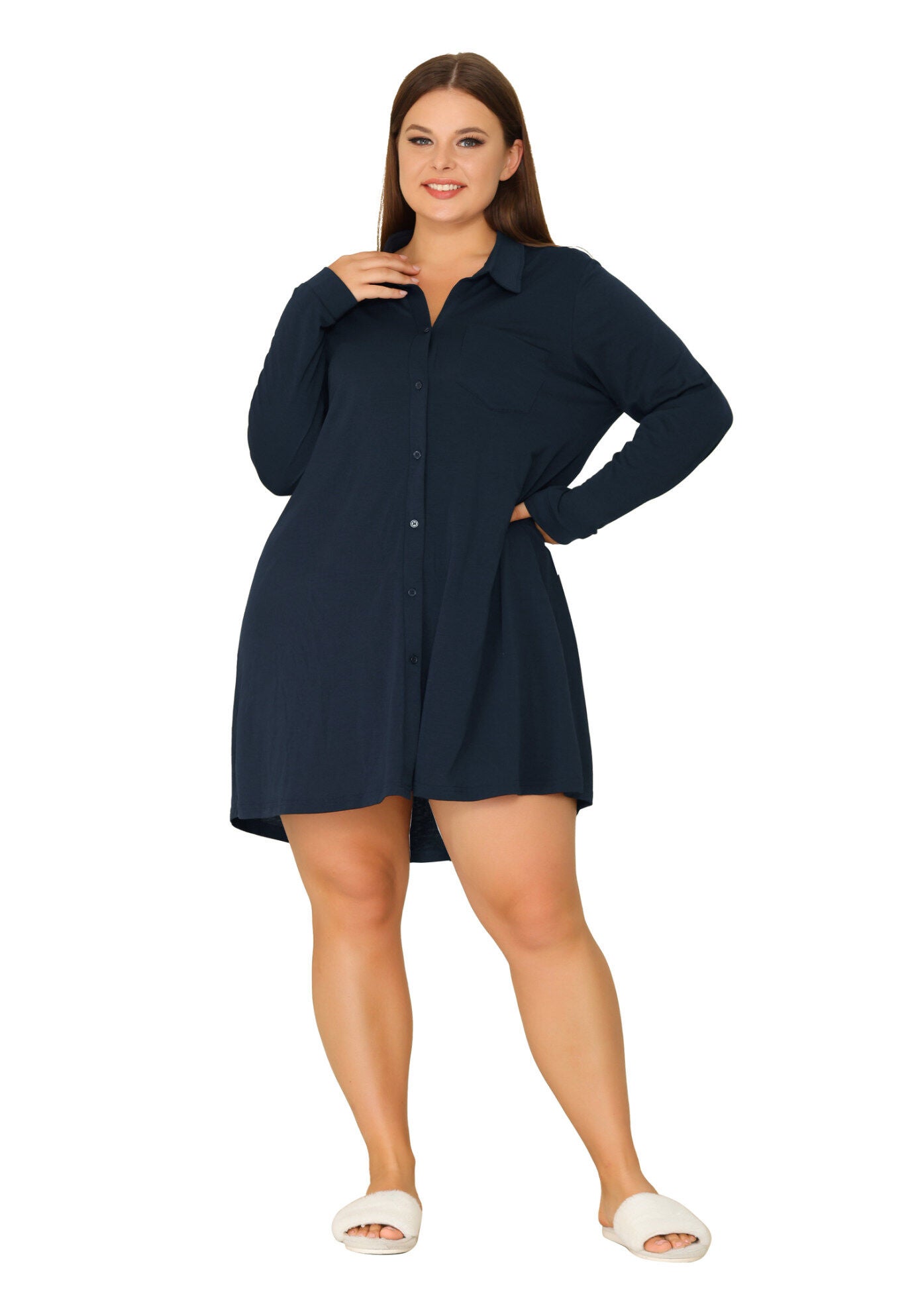 Long Sleeve Button Down Nightshirt V-Neck Sleepwear, Navy Blue / Navy, hi-res image number 0