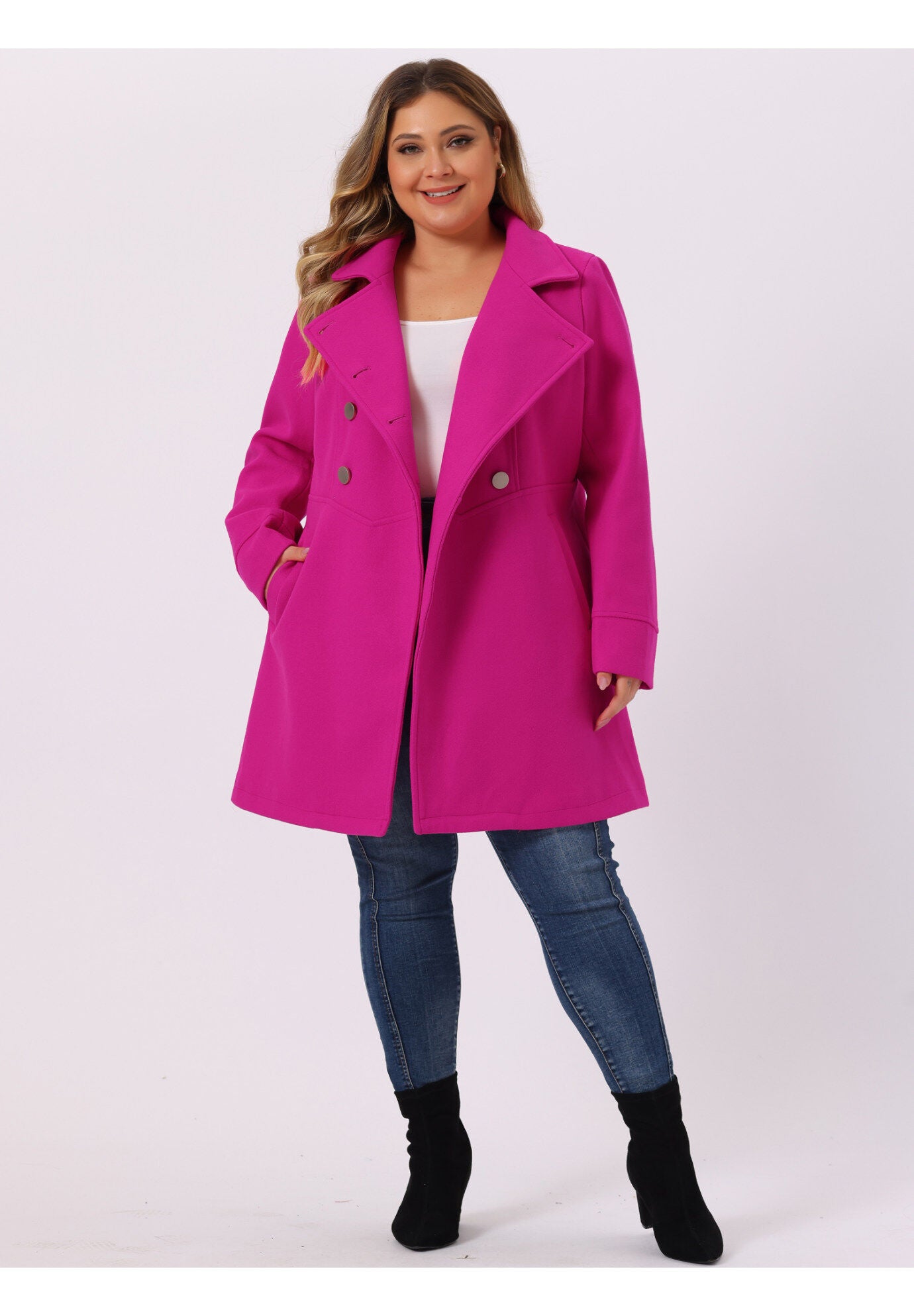 A-Line Peter Pan Collar Double Breasted Peacoat, Hot Pink / Pink, hi-res image number 0