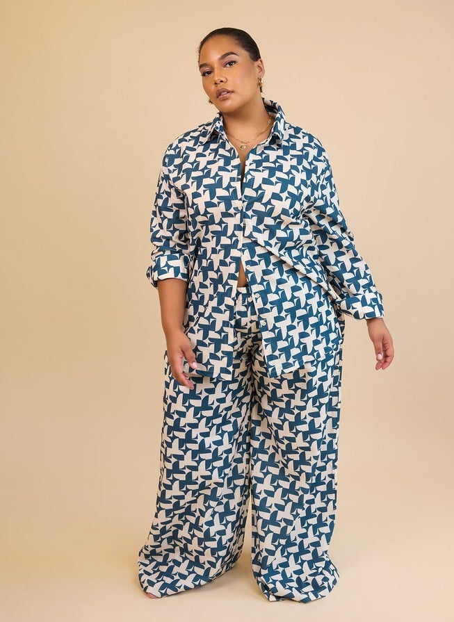 QUINTA ABSTRACT PRINT WIDE LEG PANTS WITH POCKETS, Blue / Azure Blue, alternate image number 1