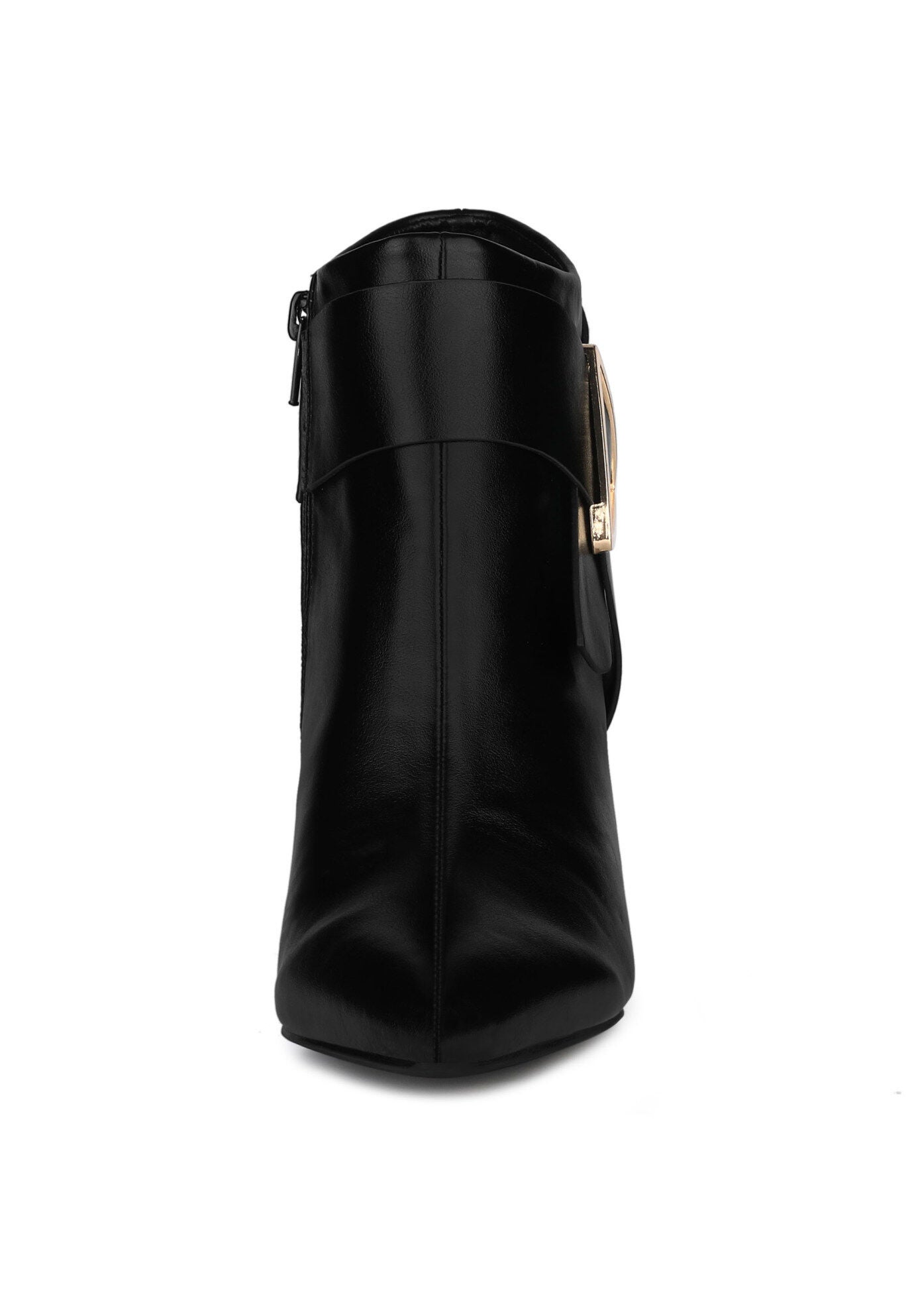 Pointed Toe Triangle Buckle Chunky Heels Ankle Boots, Black / Black, alternate image number 2