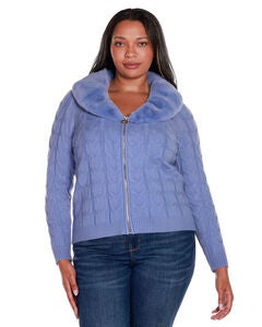 FAUX FUR COLLARED CABLE CARDIGAN