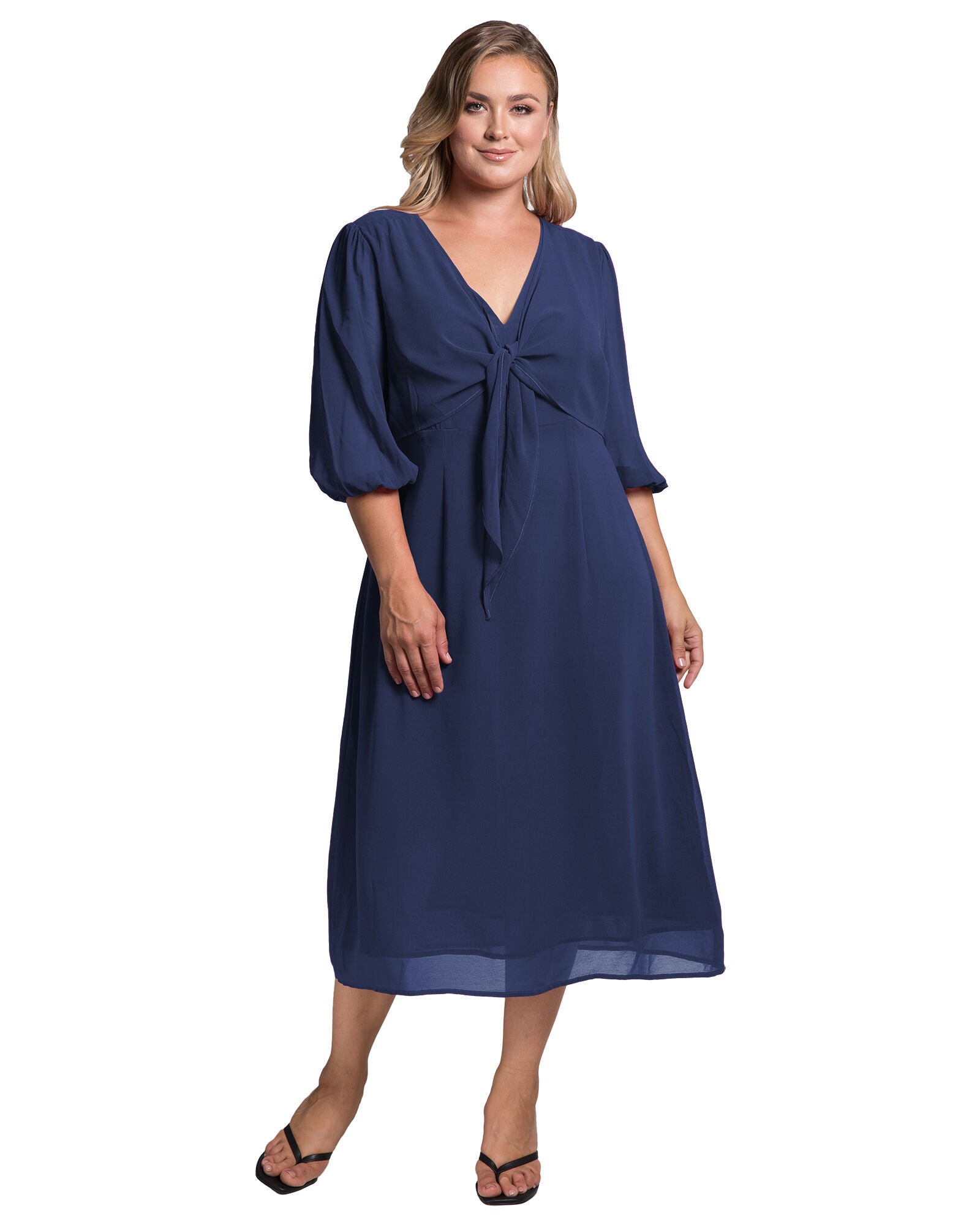 Standards & Practices Tie Front Puff Sleeves Midi Dress, DEEPOCEAN / Navy, hi-res image number 0