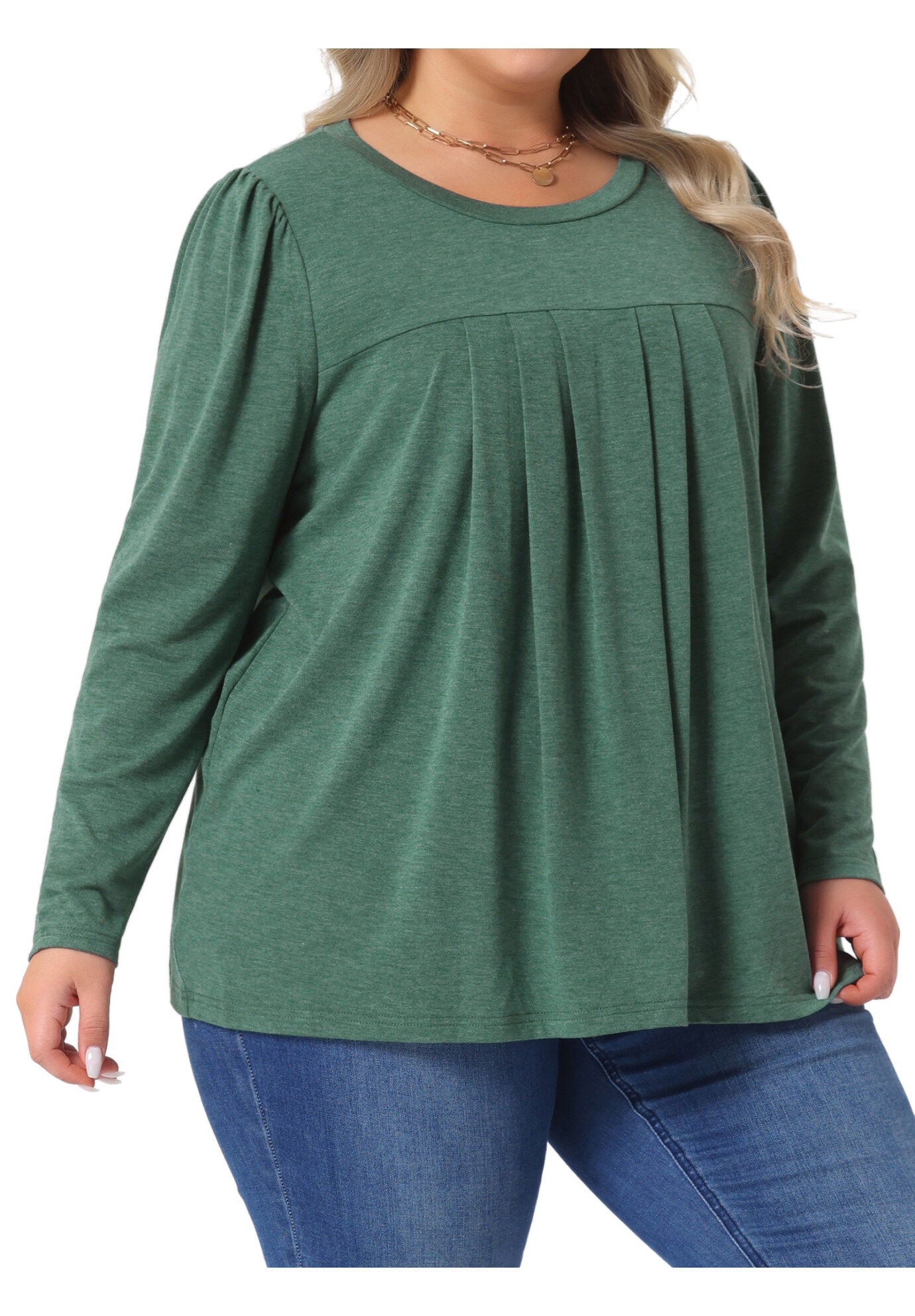 Pleated Crew Neck Blouses Casual Loose Top, Green / Hunter Green, alternate image number 1