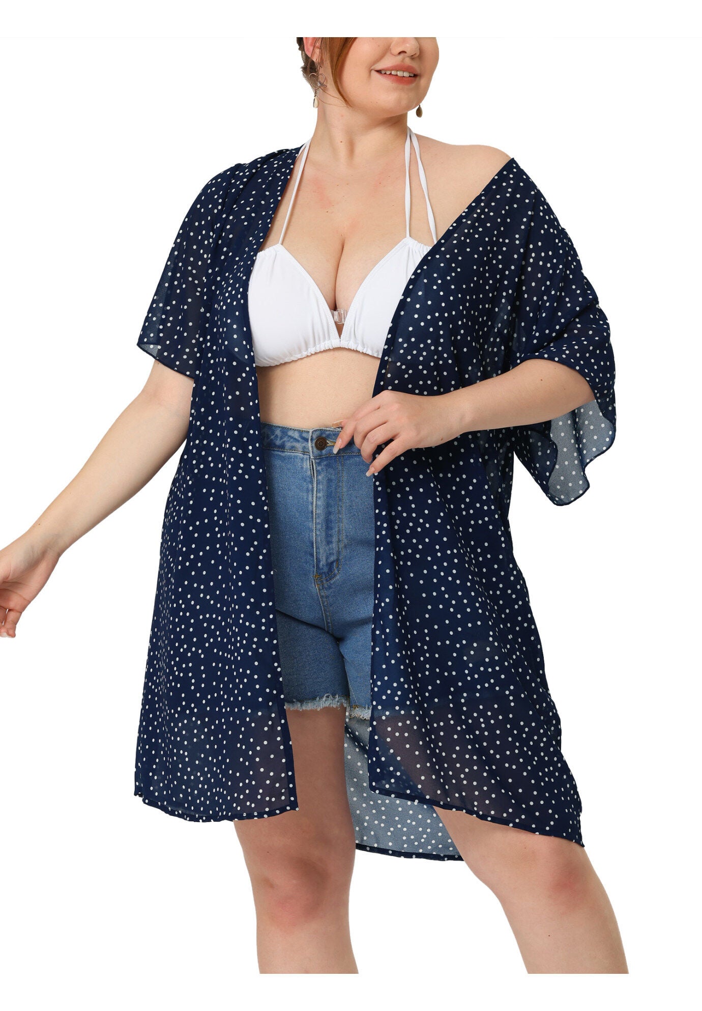 SHORT SLEEVE BIKINI POLKA DOTS KIMONO COVER UP, Dark Blue / Navy, alternate image number 2