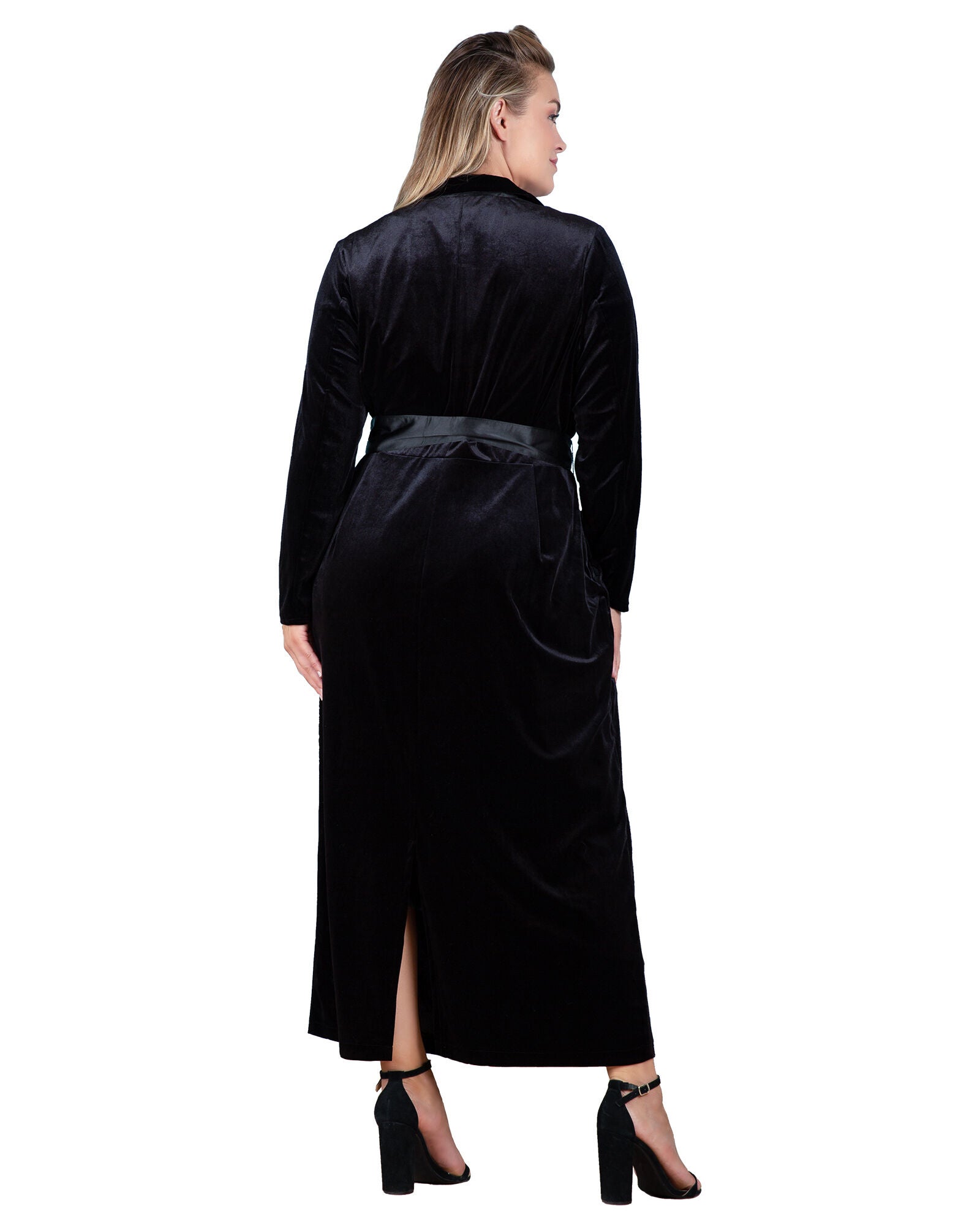 Plus Size Freya Stretch Velvet Wrap Midi Coat Dress With Satin Lapel And Satin Belt, Black / Black, alternate image number 2
