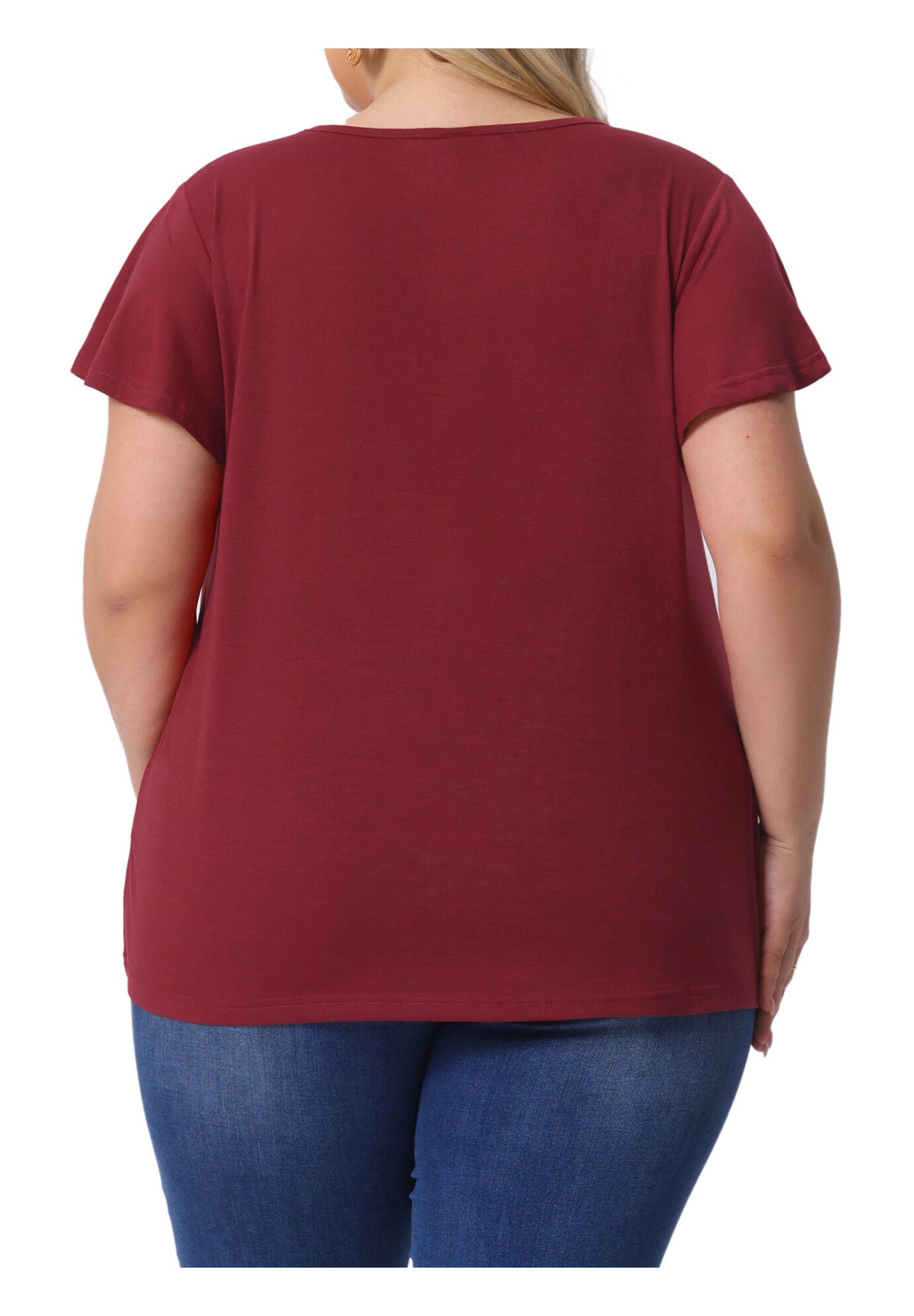 V Neck Ruffle Short Sleeve T-Shirt Tee Top, Burgundy / Burgundy, alternate image number 3