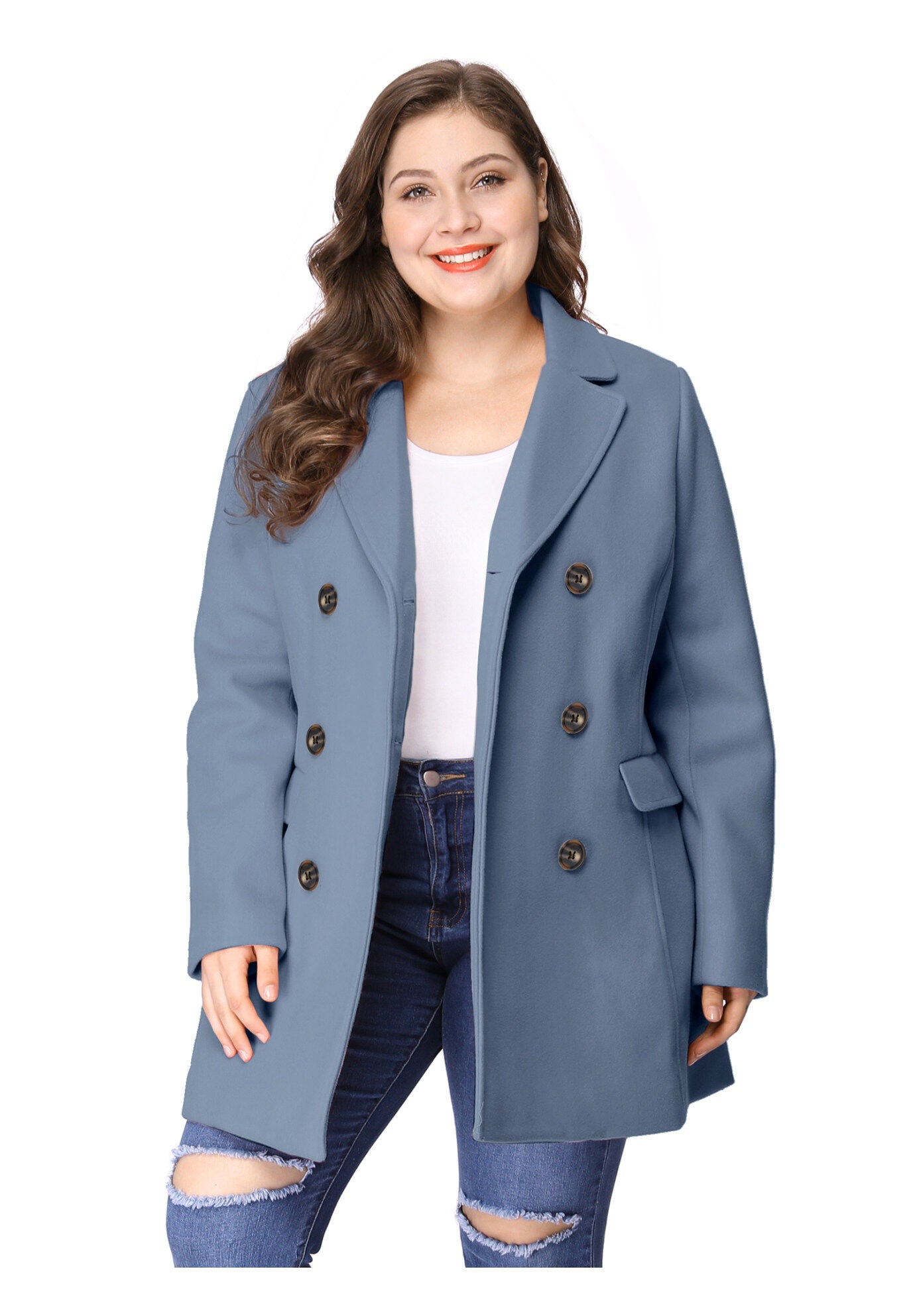 NOTCHED LAPEL DOUBLE BREASTED COAT, Light Blue / Light Blue, hi-res image number 0