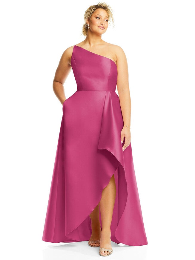 One-Shoulder Satin Gown with Draped Front Slit and Pockets, Tea Rose / Raspberry, hi-res image number null