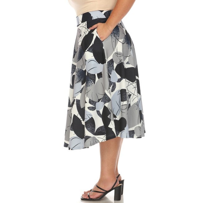Leaf Print Vintage Flared Midi Skirt, Navy Gray / Navy, alternate image number null