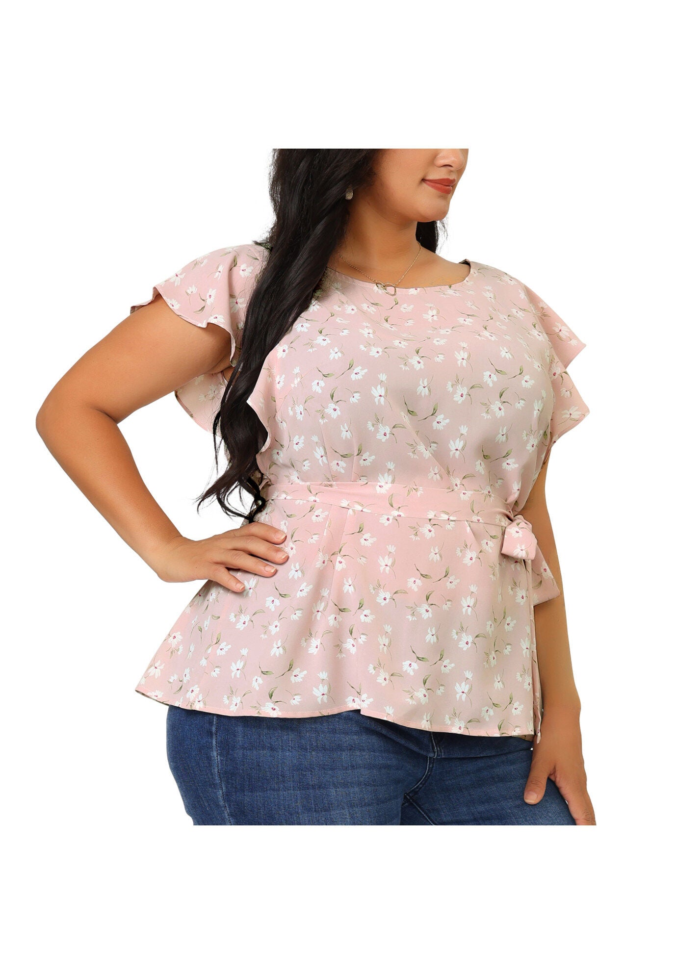 Summer Top Floral Tie Waist Short Sleeves Casual Blouse, Pink / Pink, alternate image number 2