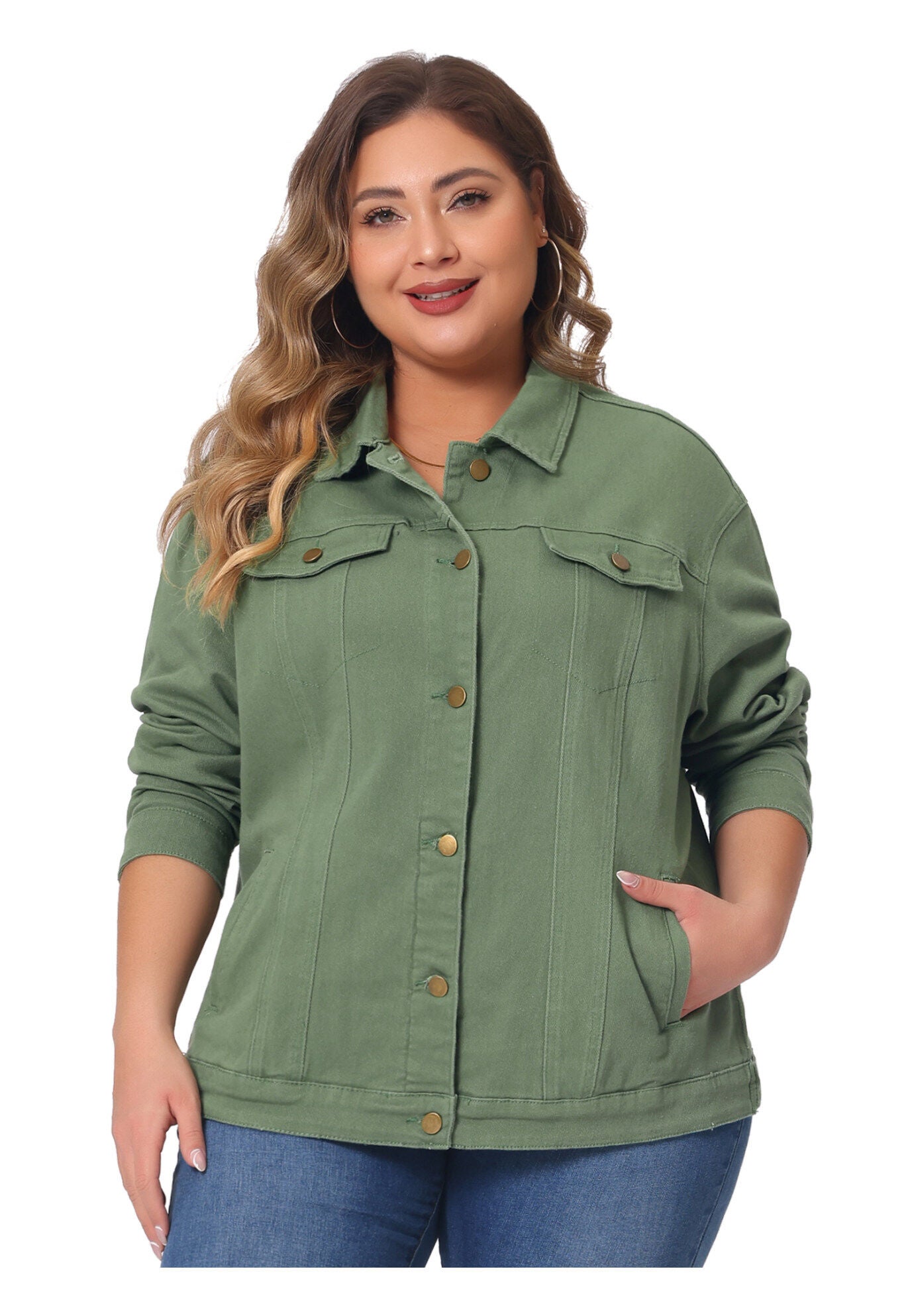 STITCHING BUTTON FRONT WASHED DENIM JACKET, Green / Olive Green, alternate image number 2
