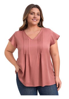 V Neck Topstitched Tucks Ruffle Short Sleeve Blouse