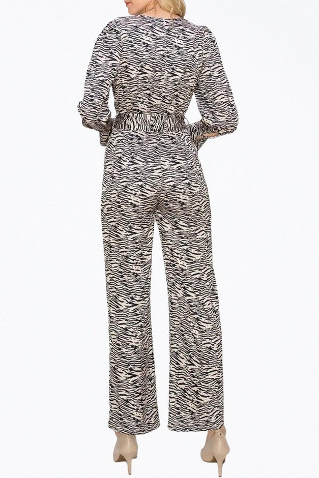 TONI ZEBRA-PRINT BELTED WRAP-EFFECT SATEEN JUMPSUIT IN TAN/BLACK, , alternate image number null