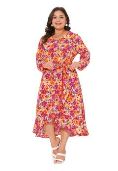 V Neck Long Sleeve Ruffle Chiffon Flowy Floral Maxi Dress with Belt