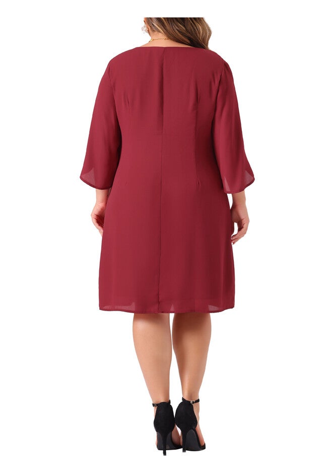 Crew Neck 3/4 Flutter Sleeve Cocktail Chiffon Dress, Burgundy / Burgundy, alternate image number 3