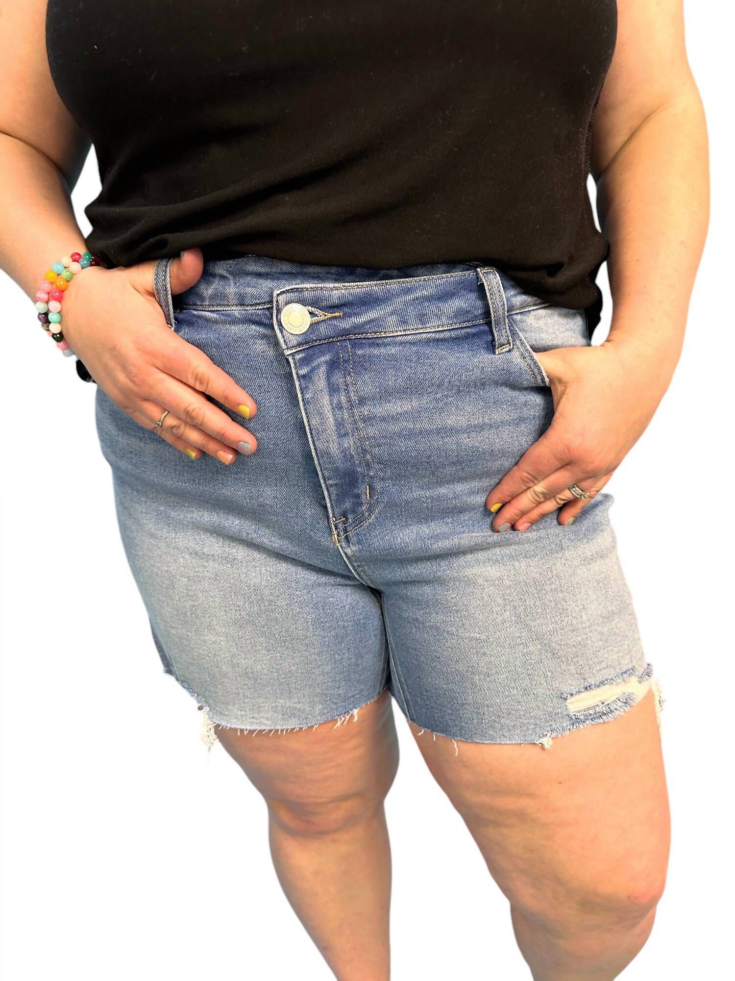 High Rise Criss Cross Shorts, Light  Medium Denim / Light Blue, hi-res image number 0