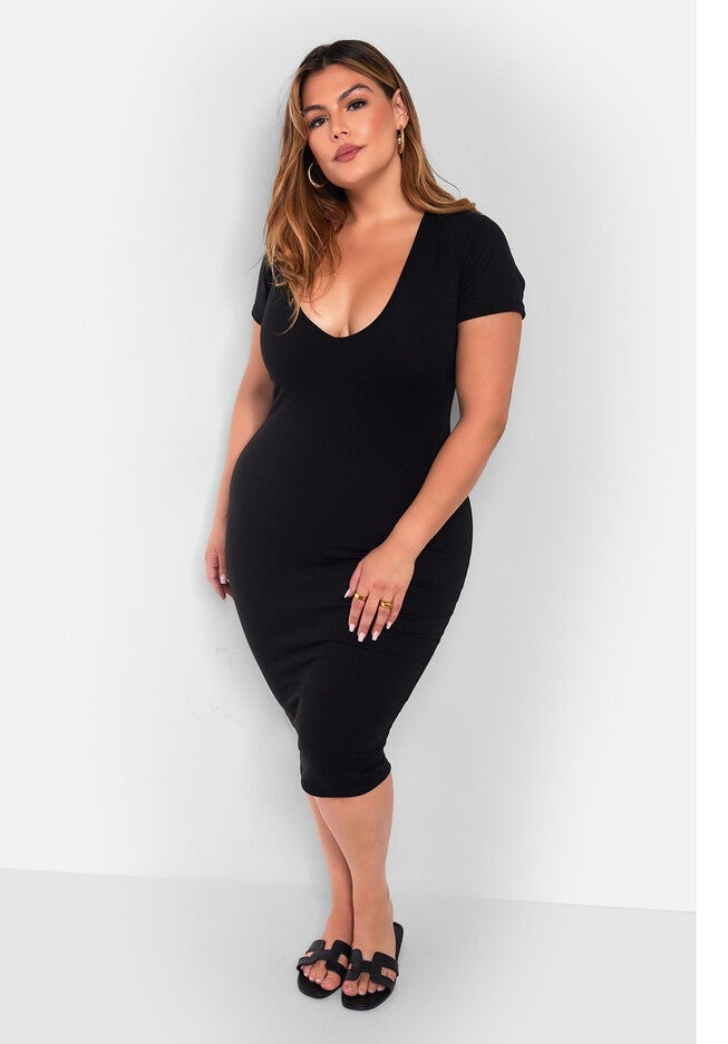 Essential Scoop Neck Midi Bodycon Dress, Black / Black, alternate image number 1