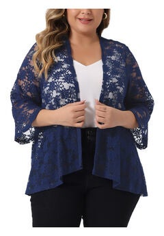 OPEN FRONT 3/4 BELL SLEEVE SHEER LIGHTWEIGHT LACE COVER UP CARDIGAN