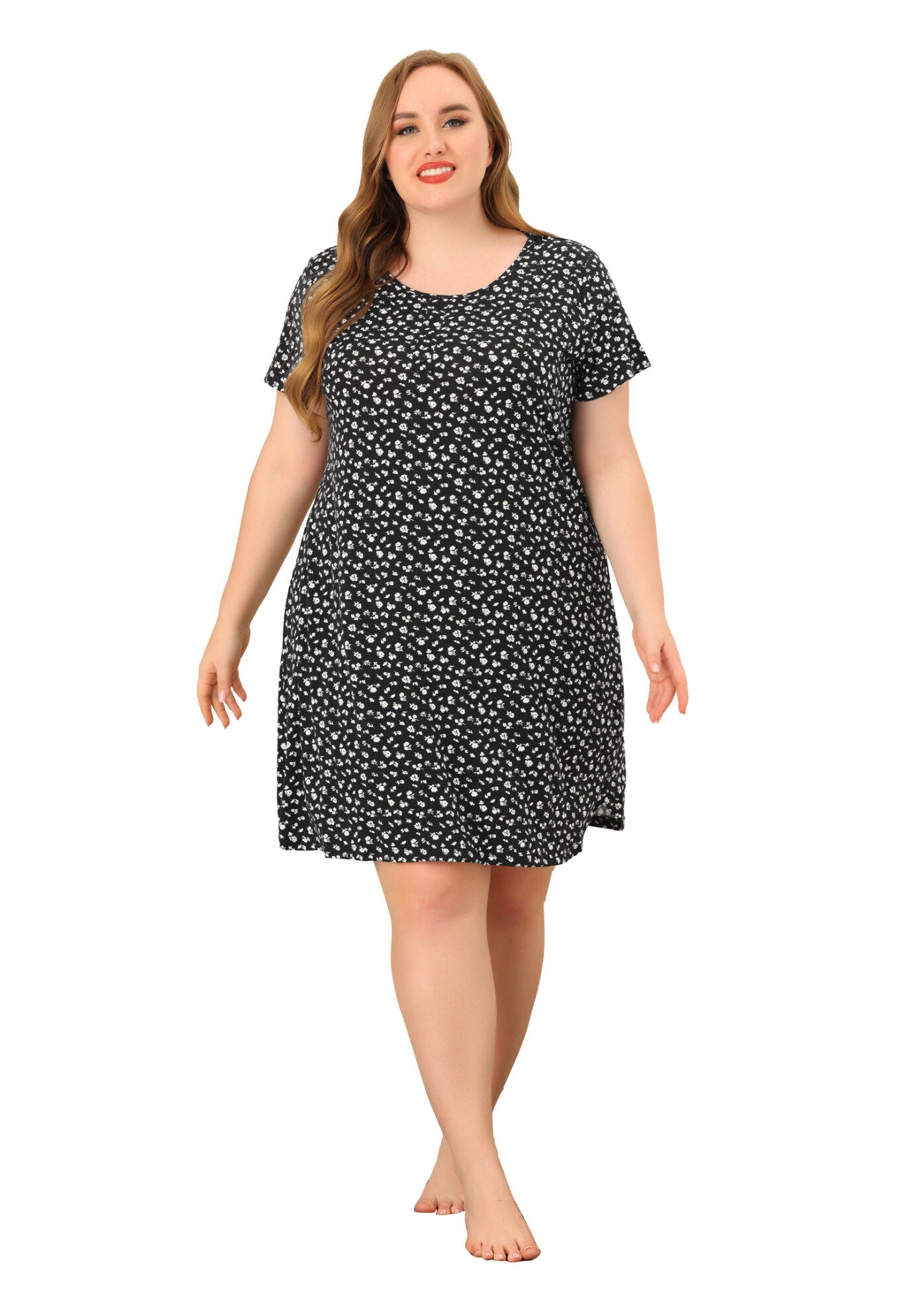 Short Sleeve Lightweight Pajama Dress, Black / Black, alternate image number 3