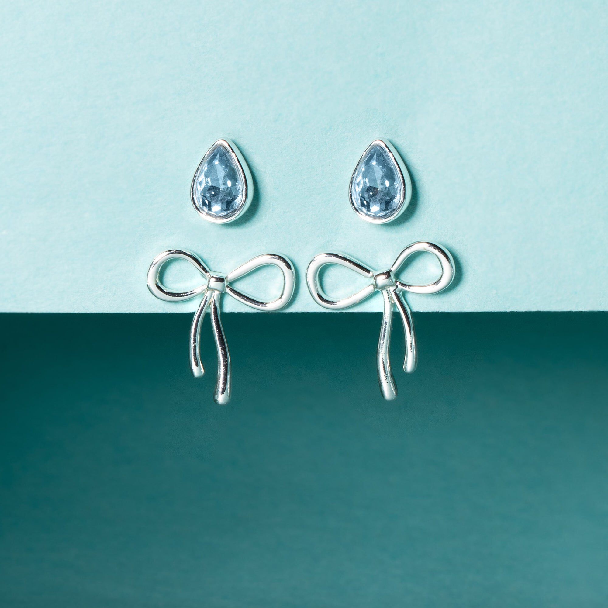 Bow & Teardrop Stud Earring Set, Silver / Silver, alternate image number 2