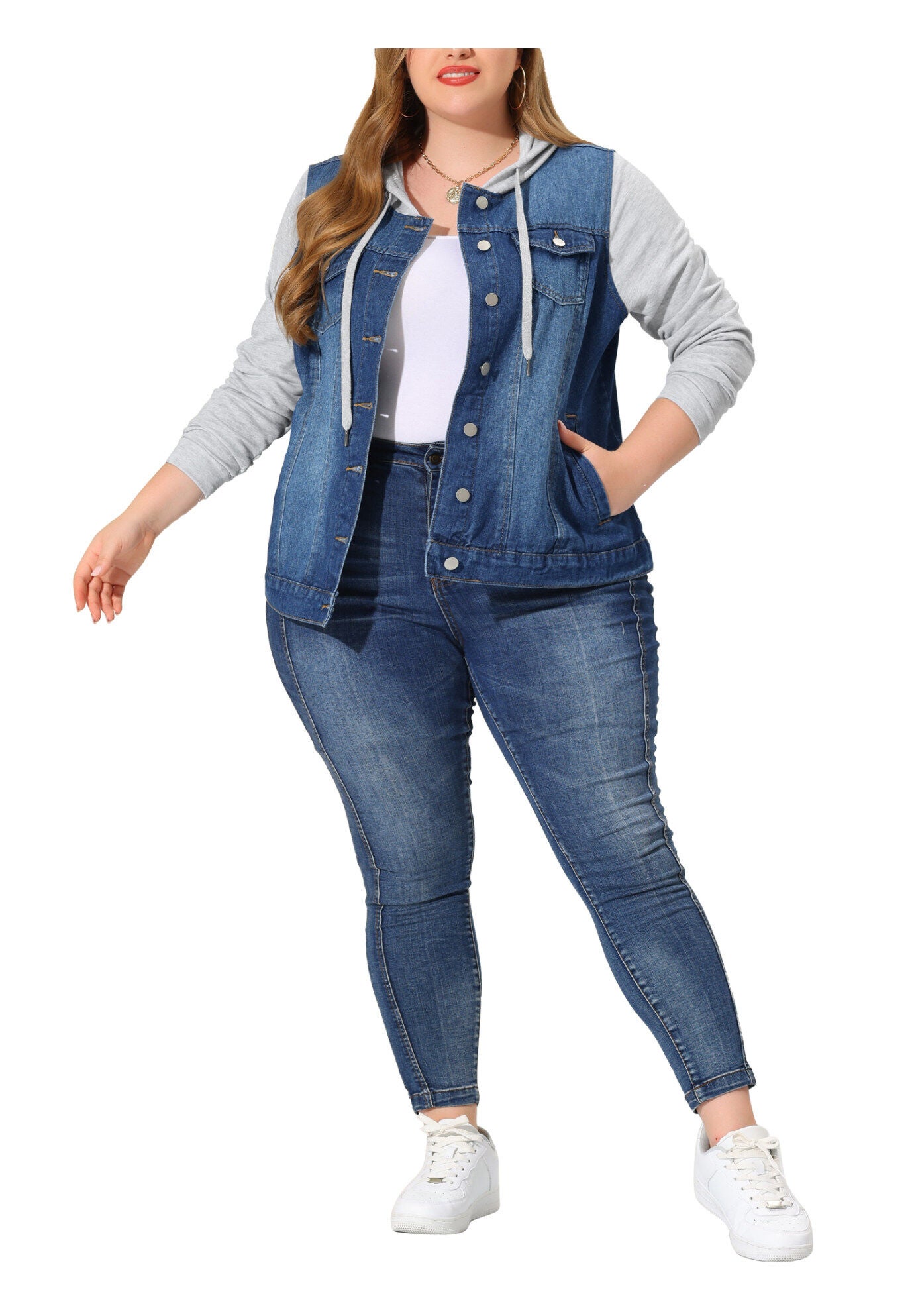 LAYERED DRAWSTRING HOODIE DENIM JEAN JACKET, Dark Blue / Navy, alternate image number 4