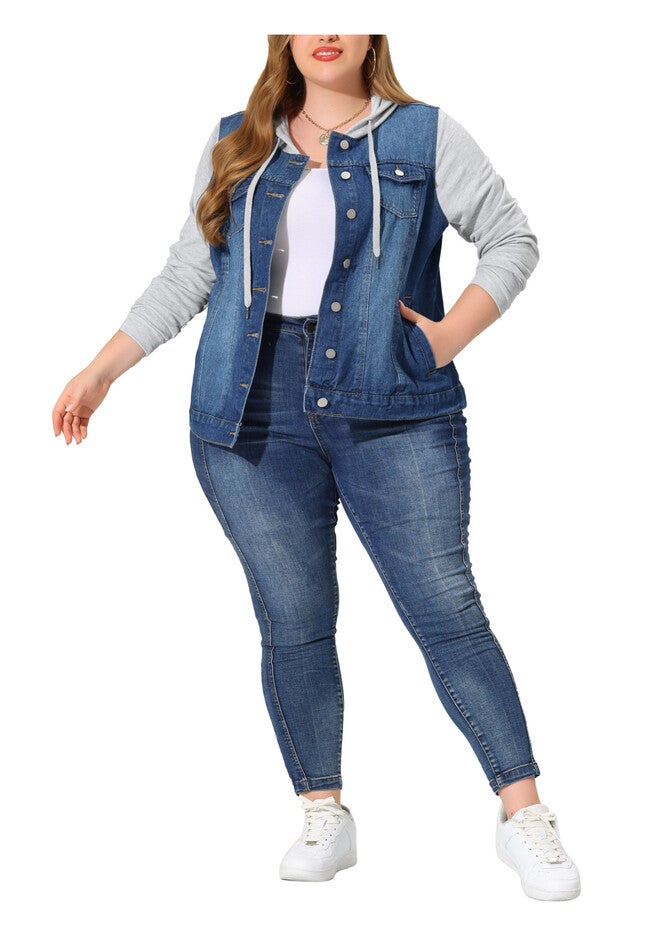 LAYERED DRAWSTRING HOODIE DENIM JEAN JACKET, Dark Blue / Navy, alternate image number 4