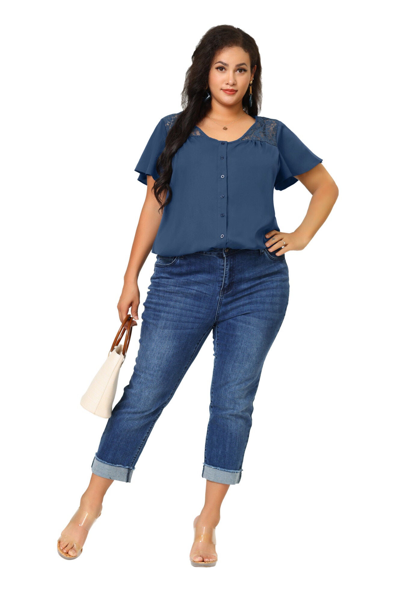 Chiffon Shirt Summer Lace V Neck Flare Sleeve Casual Work Top, Royal Blue / Royal Blue, hi-res image number 0