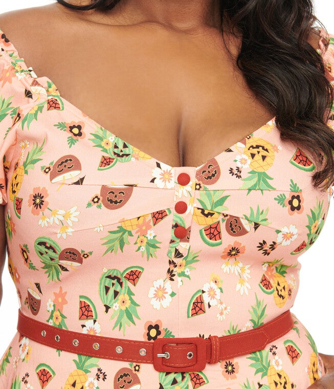 Unique Vintage 1950s Pink Jack-O-Lantern Fruit Ohara Swing Dress, Pink Jackolantern Fruit / Peach, alternate image number 1