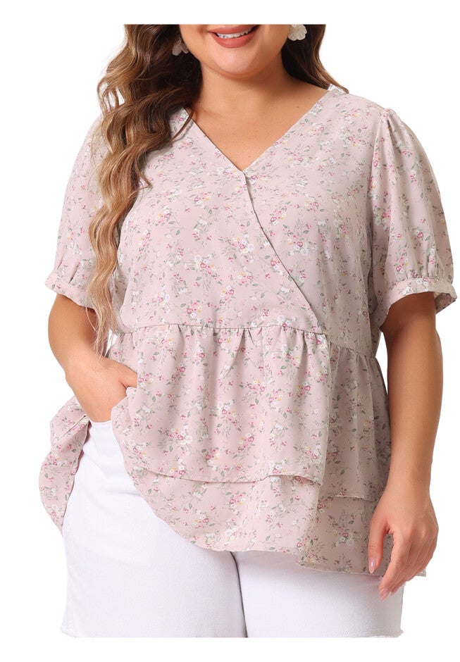 V Neck Short Sleeve Layered Peplum Top Summer Floral Blouse, Pink / Pink, alternate image number 2