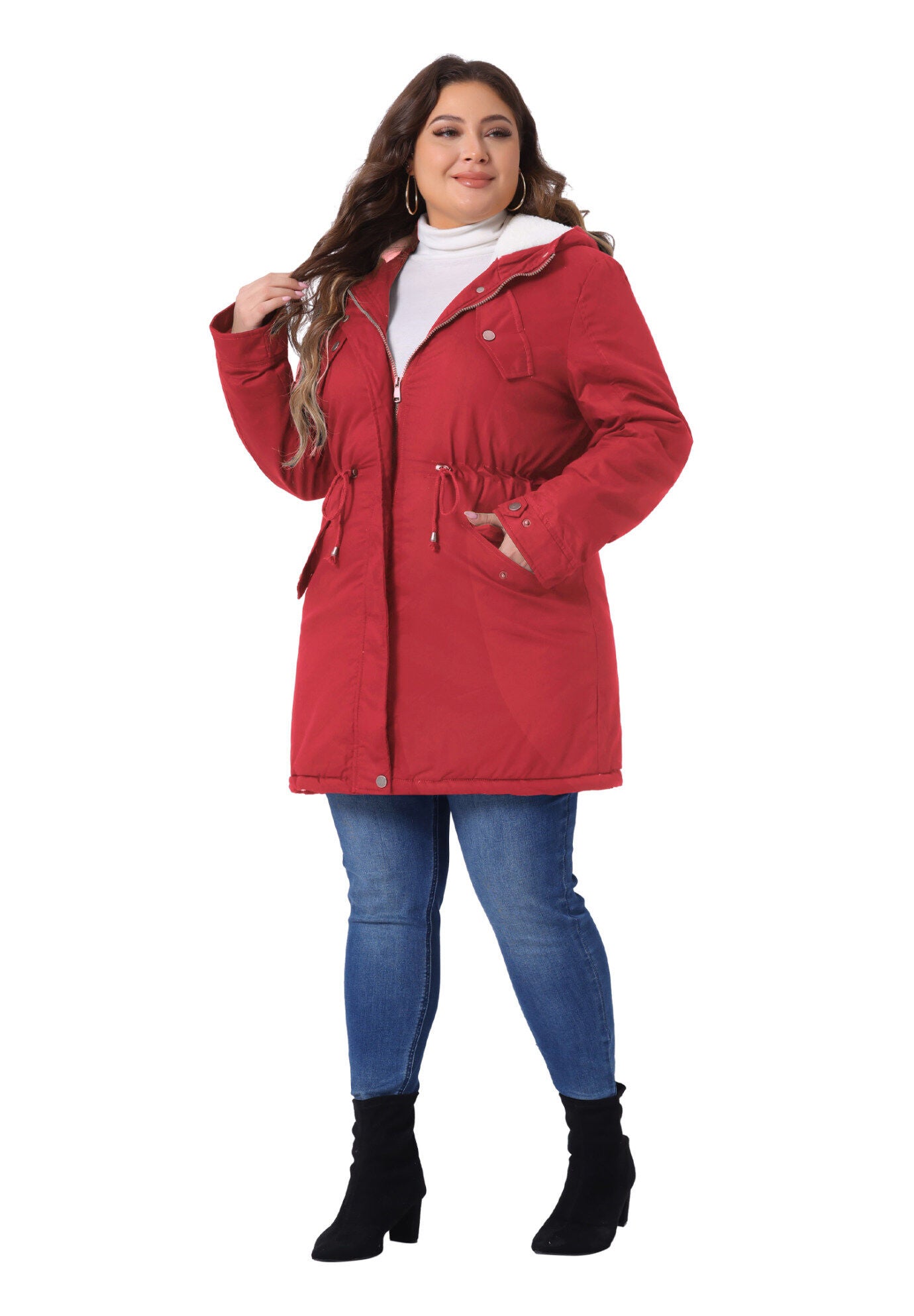 HOODED PARKAS JACKET FAUX FUR LINED LONG ANORAK COAT, Red / Red, hi-res image number 0
