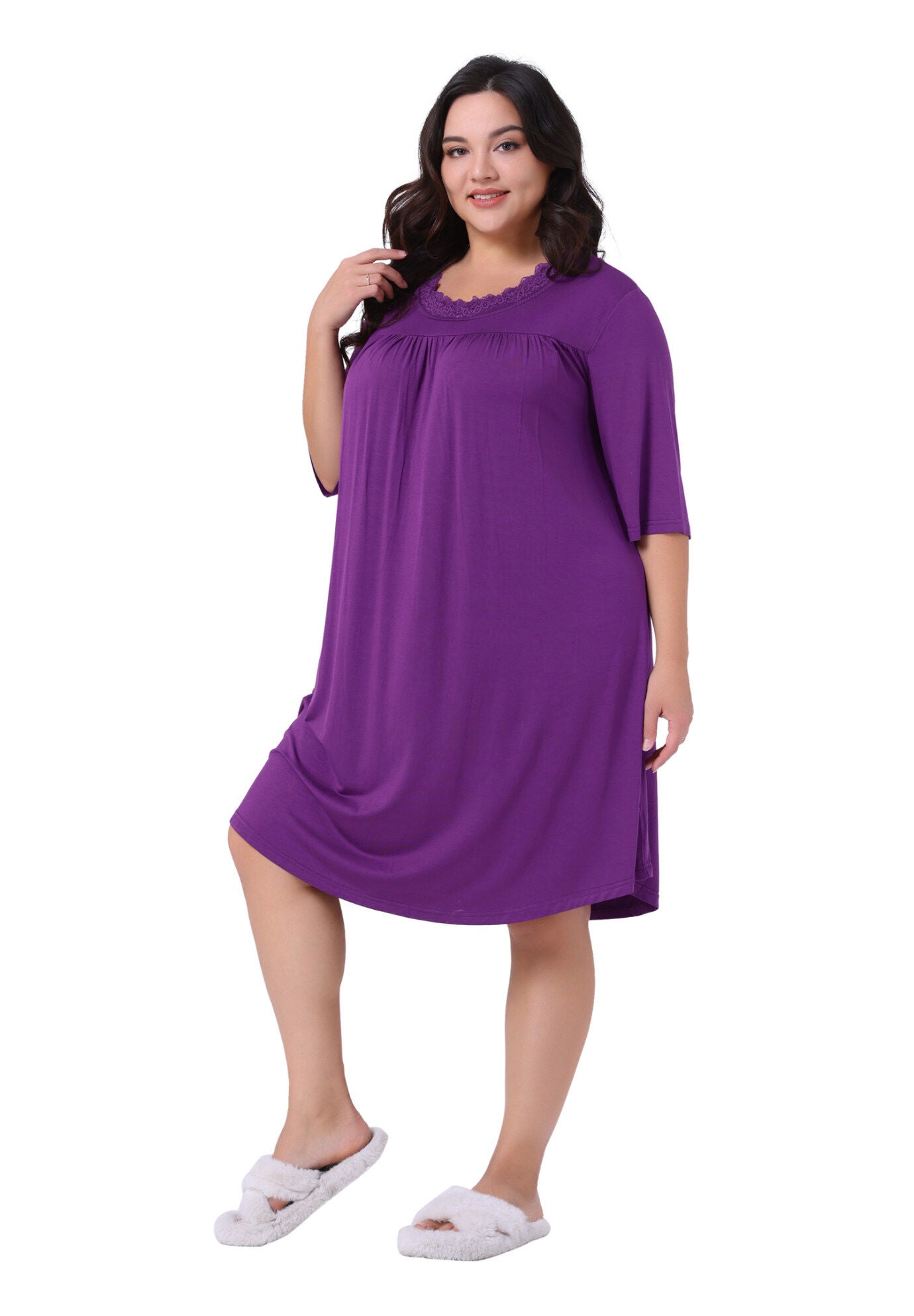 3/4 Sleeve Lace Pleated V Neck Sleepwear, Purple / Purple, hi-res image number 0