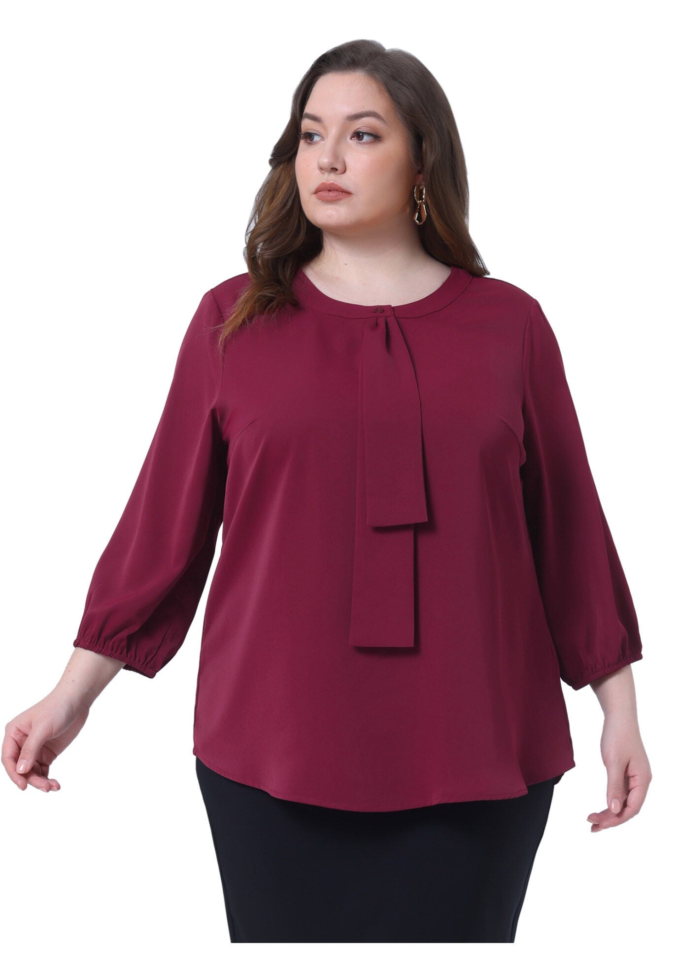 Work Round Neck Ruffle Chiffon Blouse Top, Burgundy / Burgundy, alternate image number 2