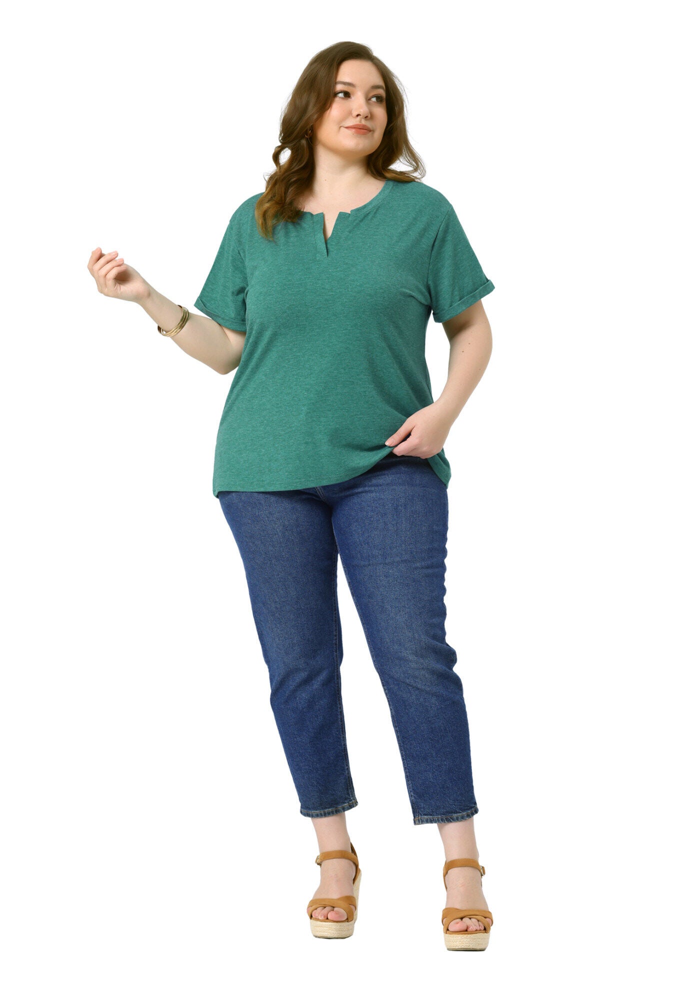 Short Sleeve Notched V Neck Summer Tees Tops, Green / Quetzal Green, hi-res image number 0