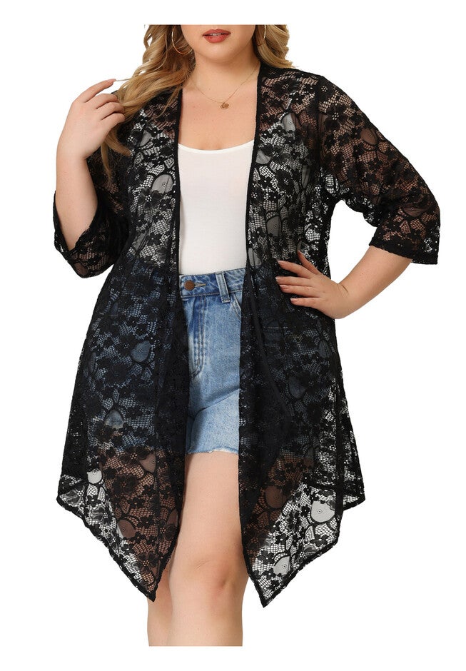 OPEN FRONT 3/4 SLEEVES CROCHET CARDIGAN COVER UP, Black / Black, hi-res image number 0