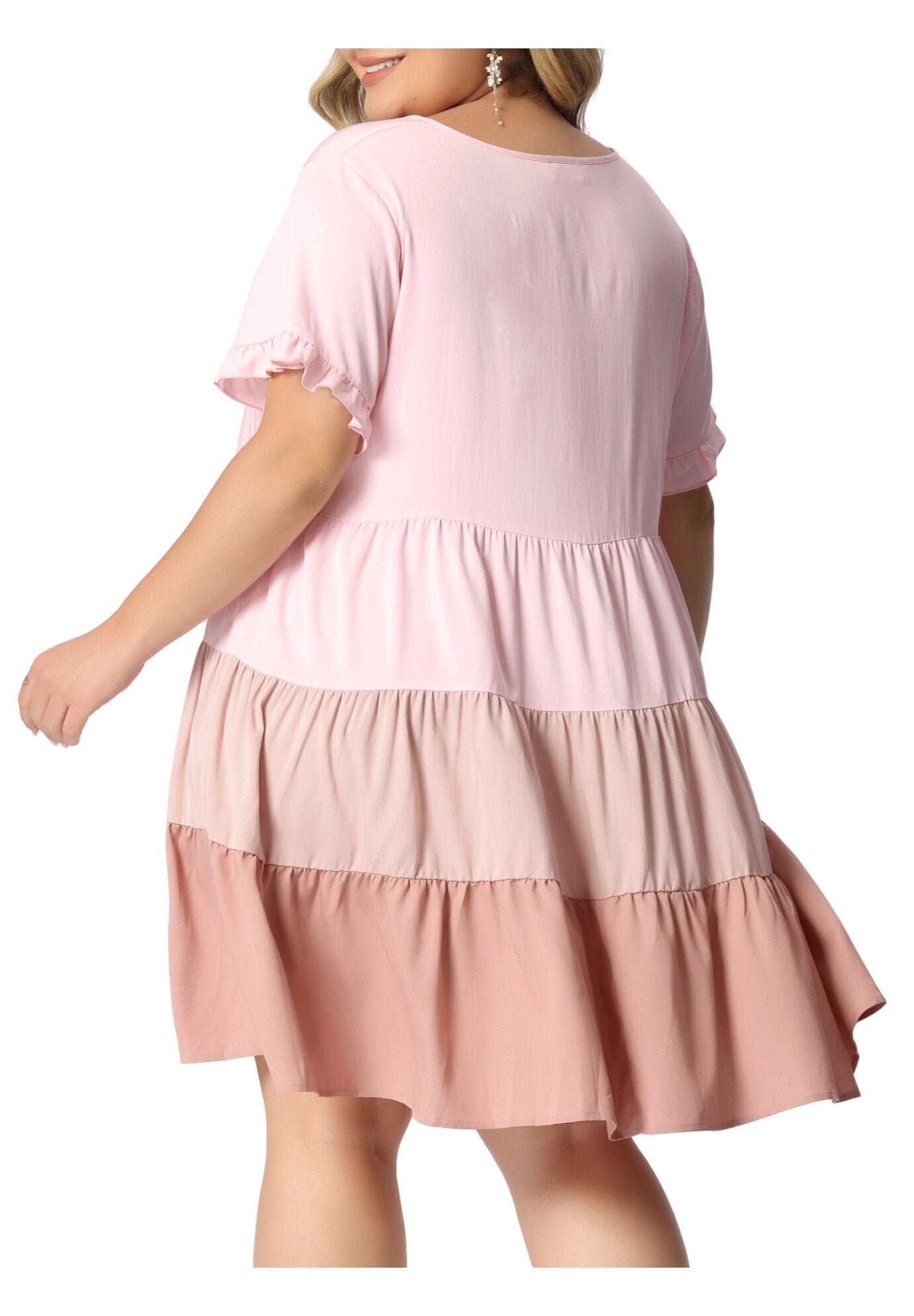 Babydoll Ruffle Short Sleeve Chambray Mini Dress, Pink / Pink, alternate image number 3
