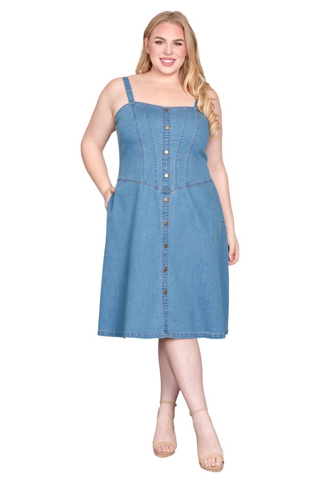 Straps Button Front Denim Midi Dress, Blue Blast / Light Blue, hi-res image number null