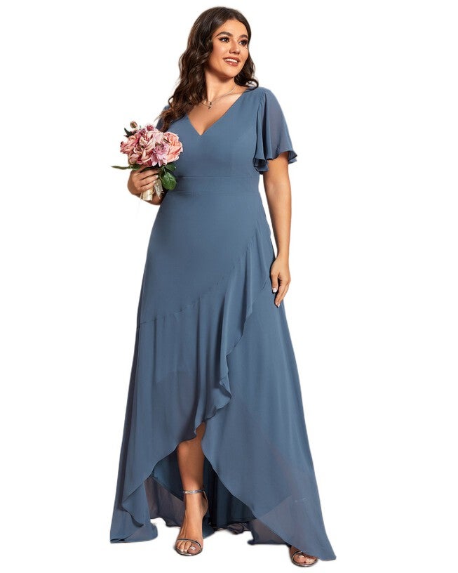 Charming Chiffon Bridesmaid Dress with Lotus Leaf Hemline, Dusty Navy / Dusty Blue, alternate image number 3