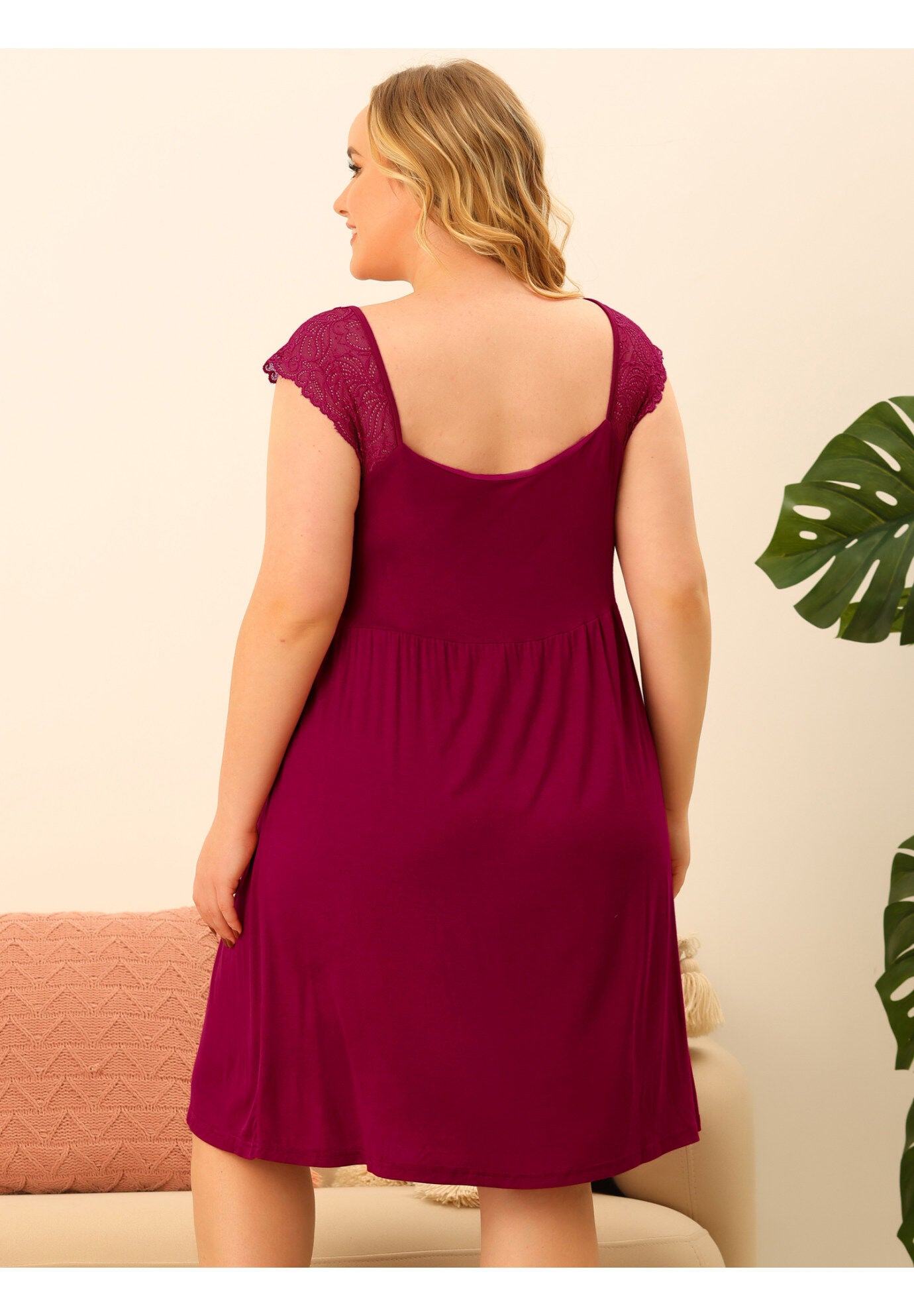 V NECK LACE CAP SLEEVE SLEEP DRESS, Burgundy / Red, alternate image number 4