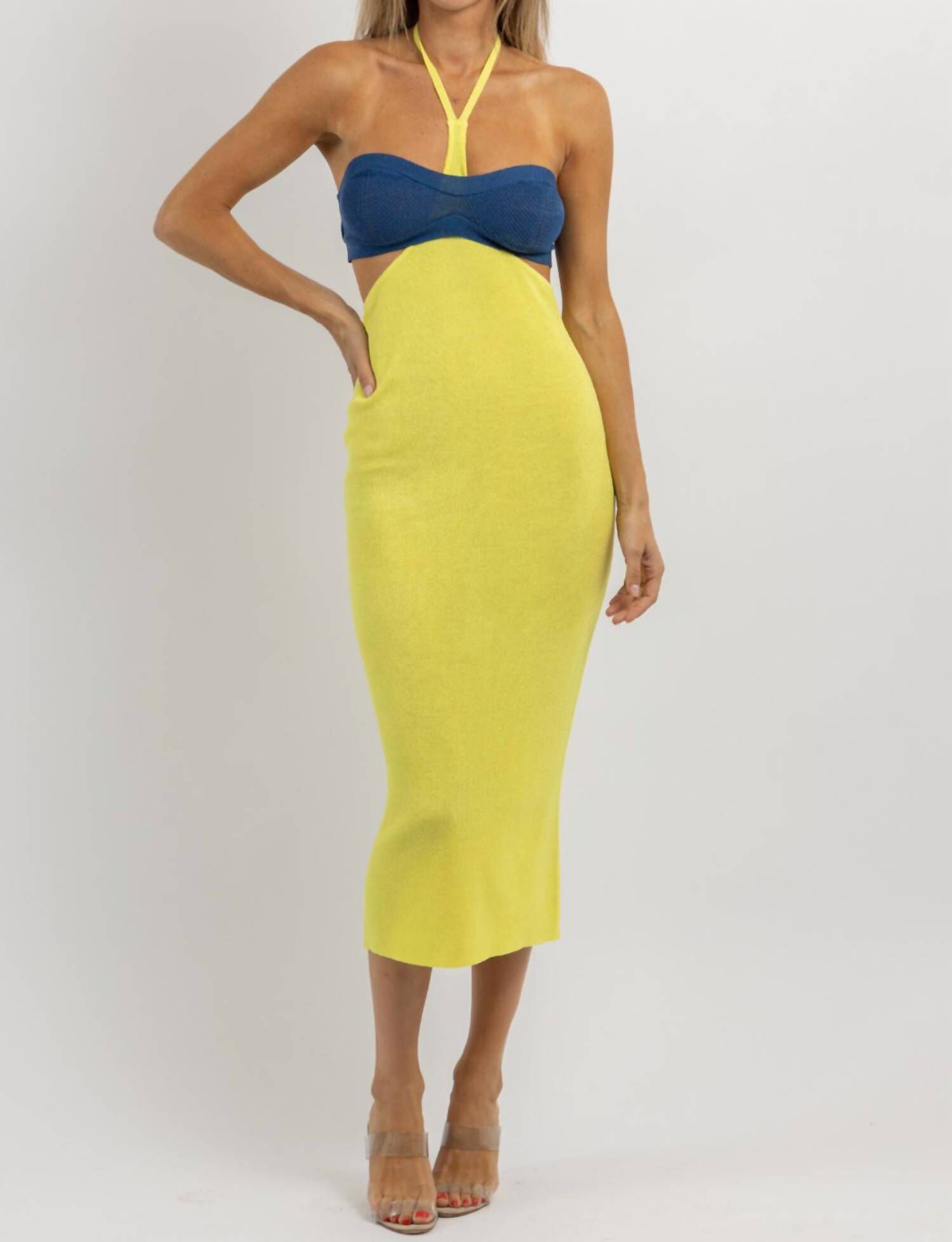 HALTER NECK MIDI DRESS IN LIMONCELLO, , alternate image number 7