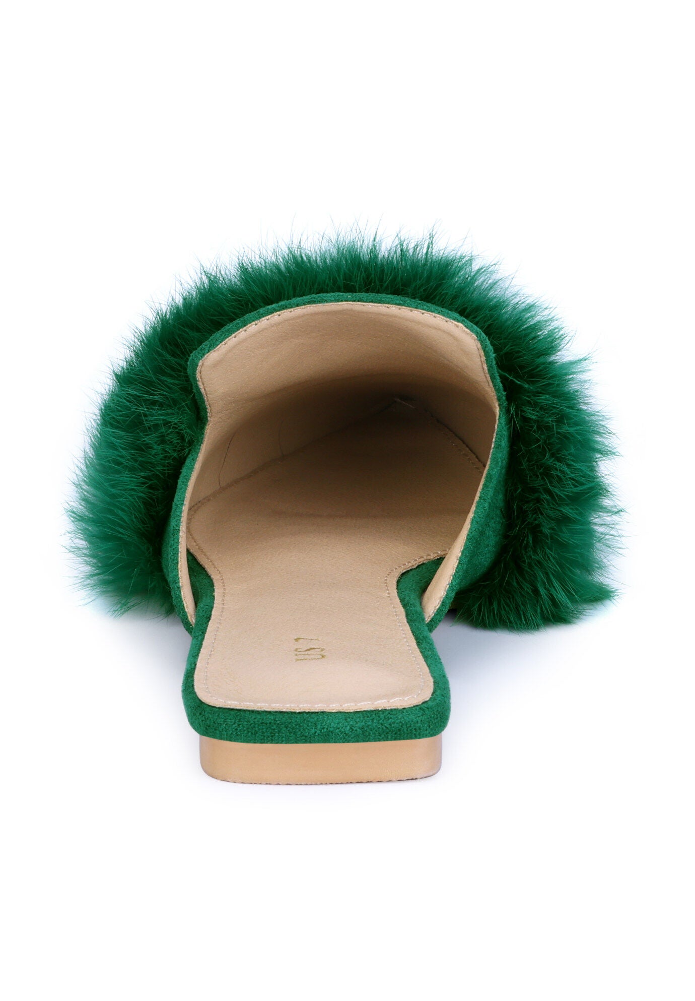 Pointed Toe Faux Fur Slip on Flat Slide Mules, Green / Hunter Green, alternate image number 1