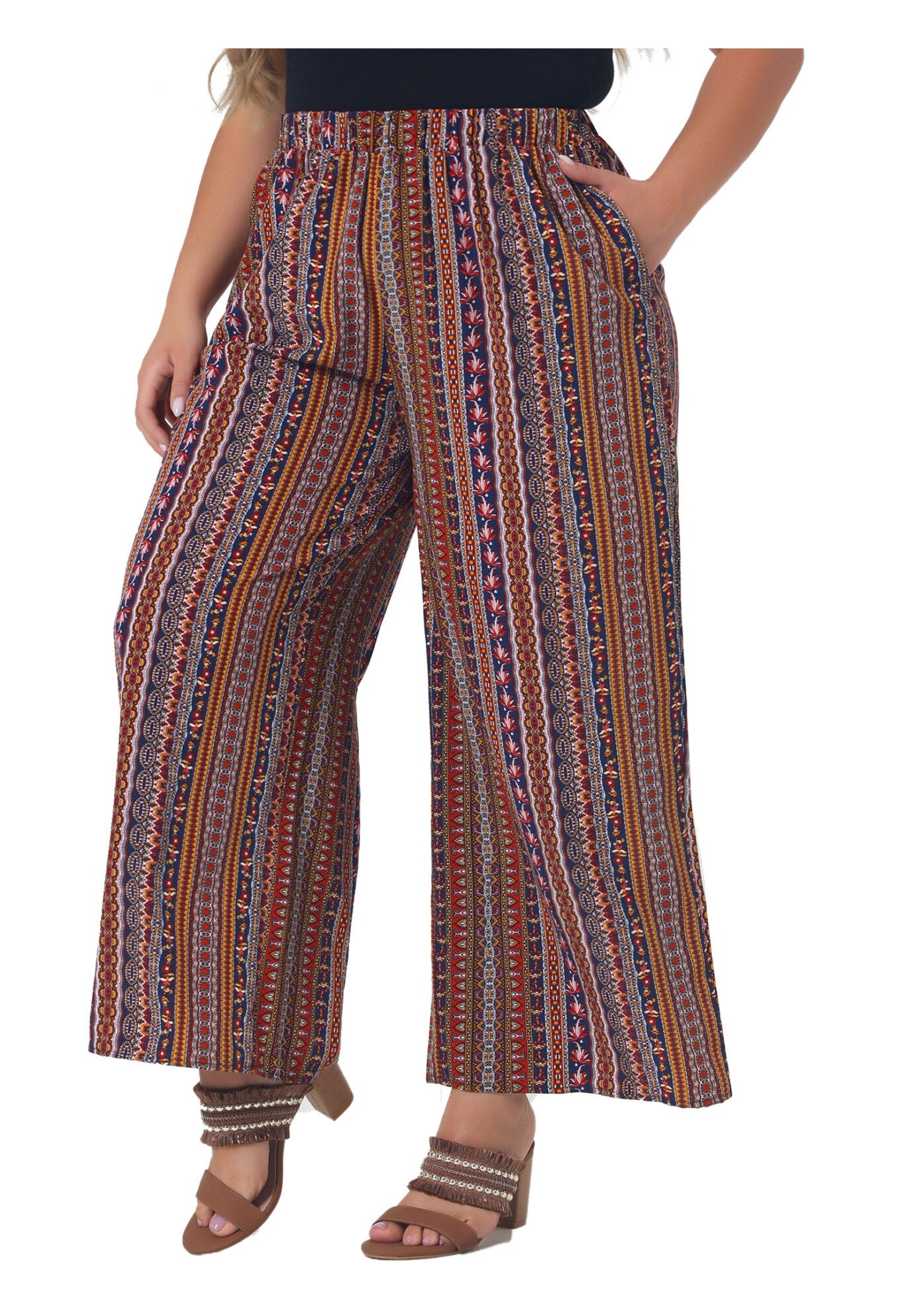 STRIPE BOHO WIDE LEG PAPER BAG PALAZZO PANTS, Red Brown / Red, alternate image number 1