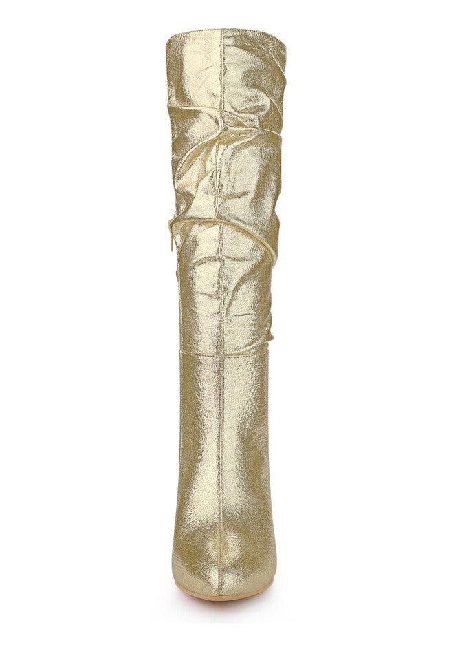 Pointed Toe Slouch Stiletto Heels Knee High Boots, Gold / Gold, alternate image number 1