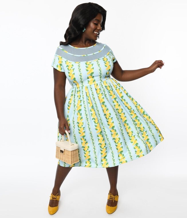 Unique Vintage Plus Size Mint & Lemon Print Flare Dress, Mint Lemon Print / Mint, hi-res image number null