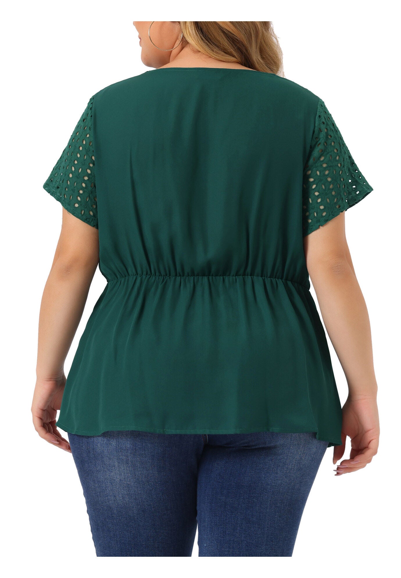 PEPLUM BLOUSE SUMMER SHORT SLEEVES V NECK BABYDOLL TOP, Dark Green / Forest Green, alternate image number 3
