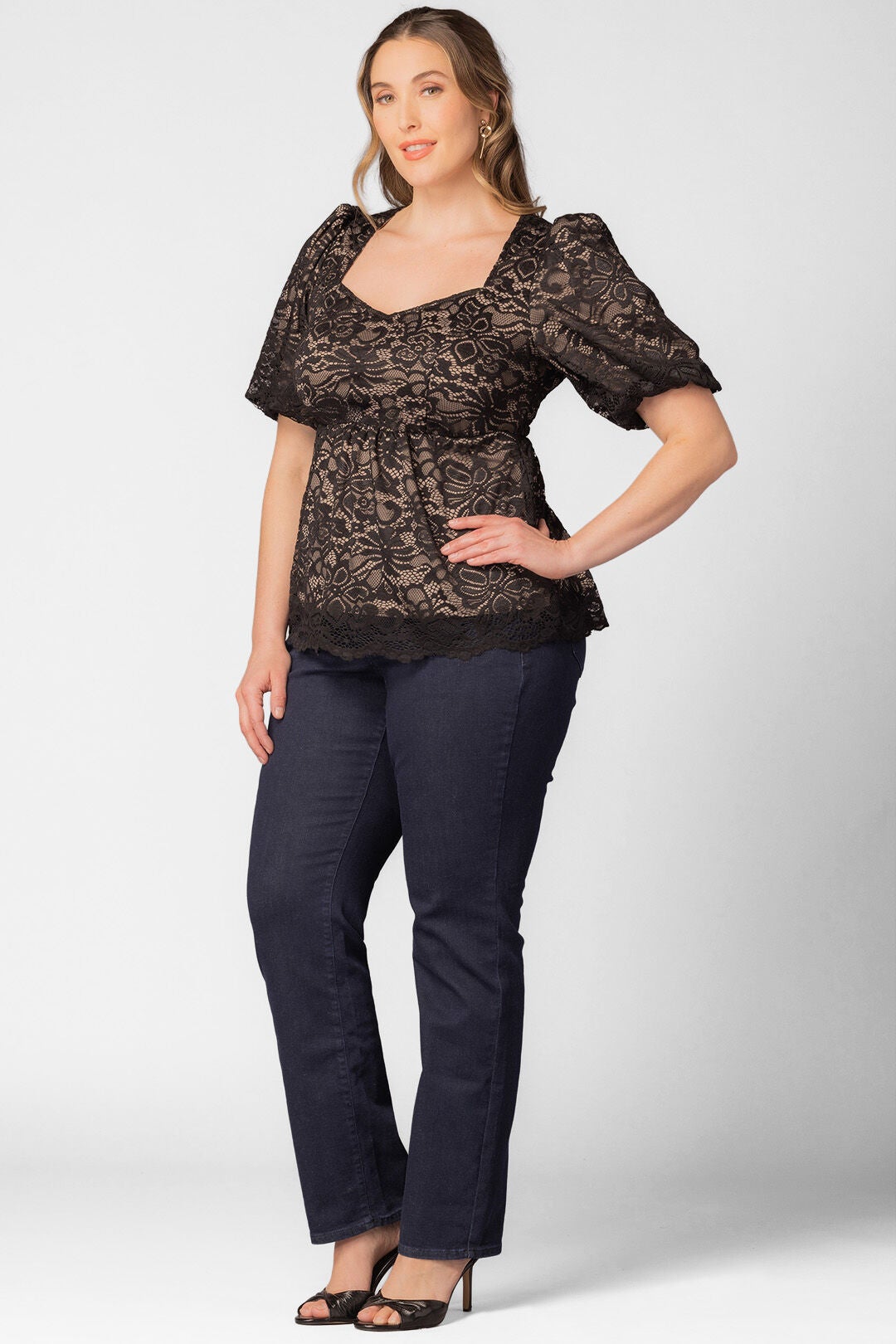 Winsome Sweetheart Lace Peplum Top, BlackNude / Black, alternate image number 3