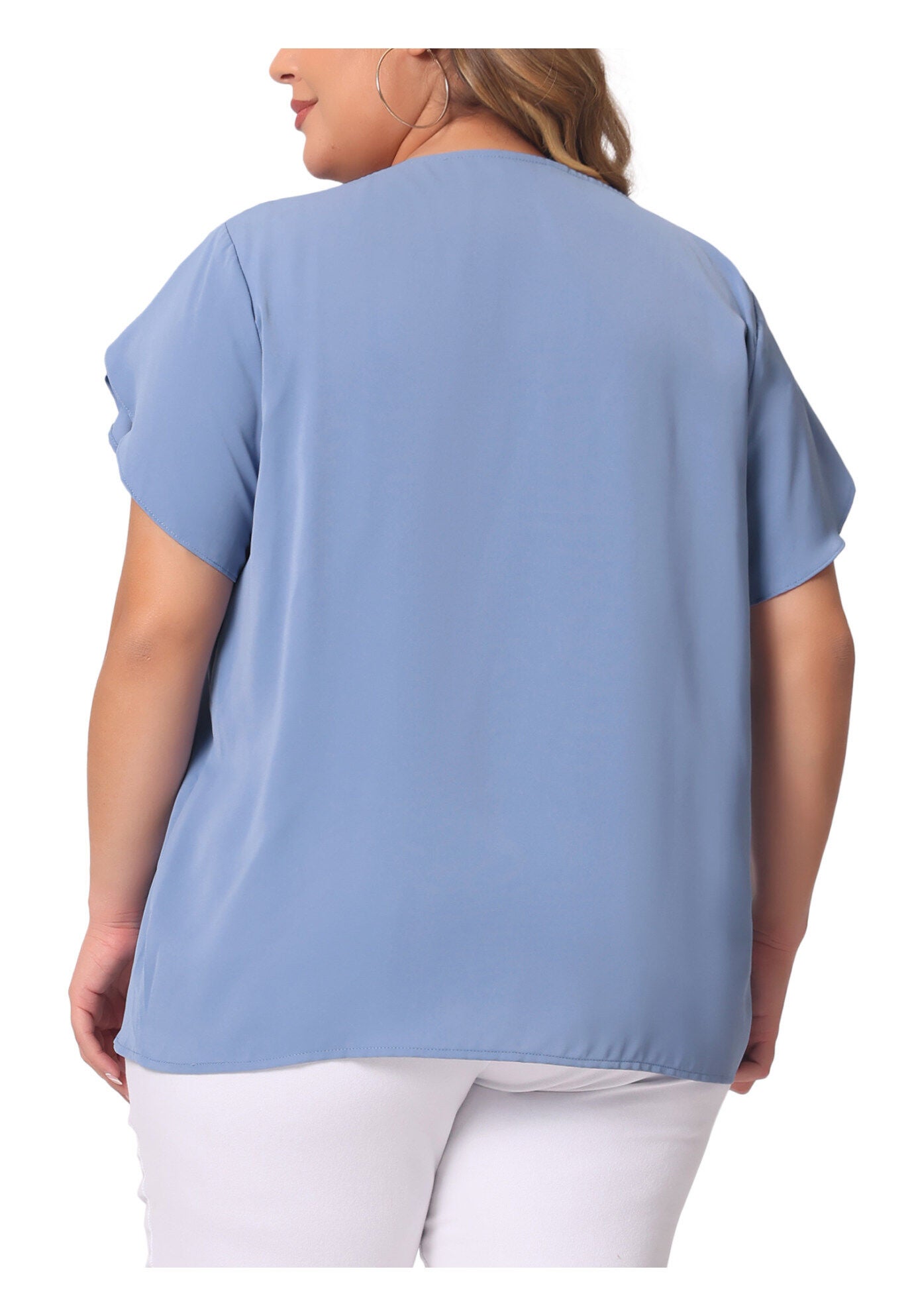 Round Neck Pleated Top Tulip Sleeves Blouse Top, Blue / Cornflower Blue, alternate image number 3