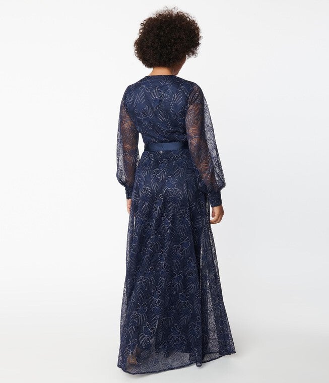 Unique Vintage Navy Sparkle Lace Jumpsuit & Skirt Overlay, NavyFloral / Navy, alternate image number 3