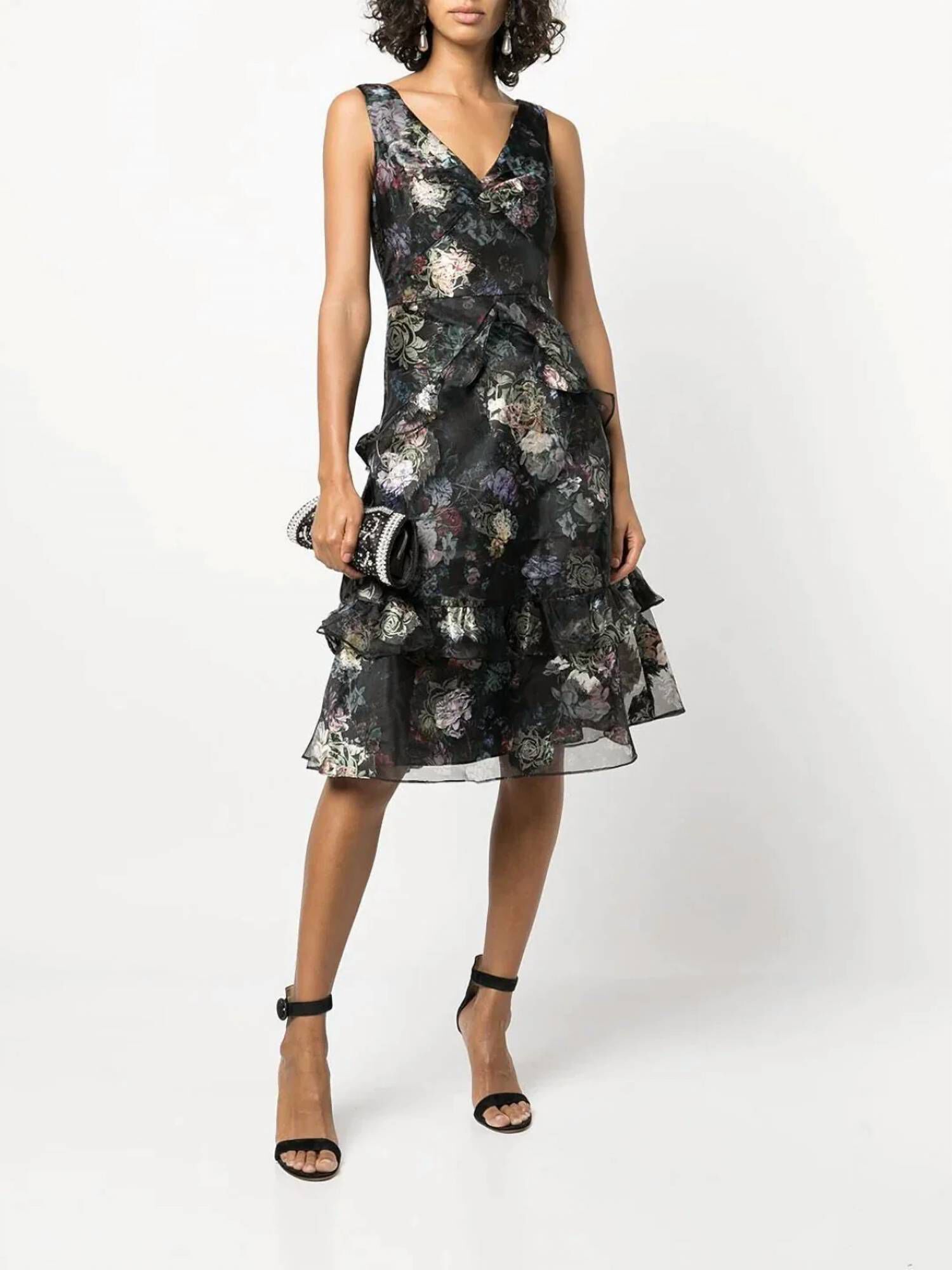 FLORAL RUFFLED MIDI DRESS IN BLACK, Black / Black, hi-res image number 0