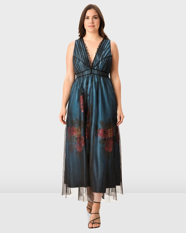 Sheer tulle overlay floral print dupioni dress, black / Black, hi-res image number null