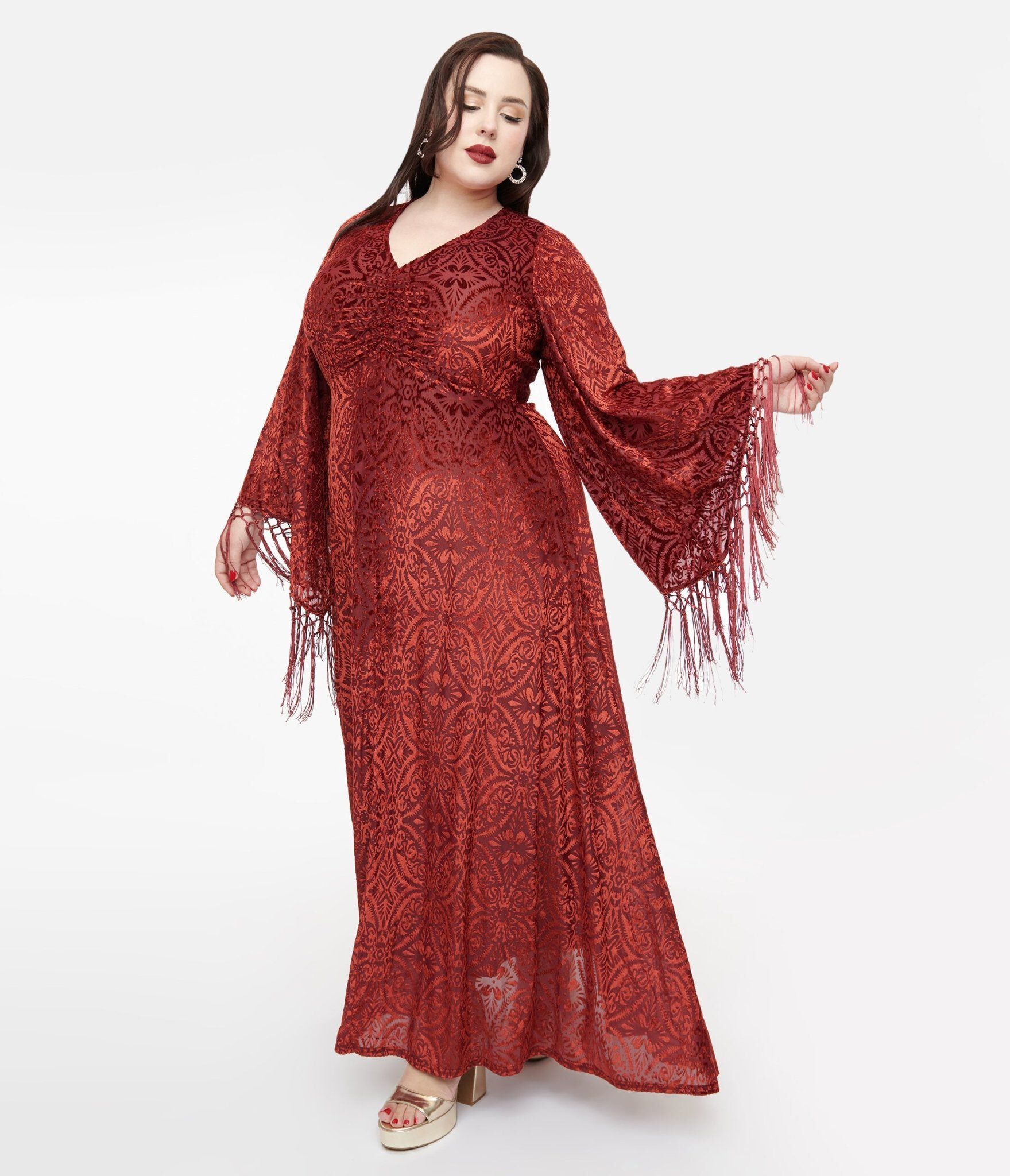 Smak Parlour Plus Size 1970s Burgundy Velvet Burnout Fringe Sleeve Maxi Dress, Burgundy / Burgundy, hi-res image number 0
